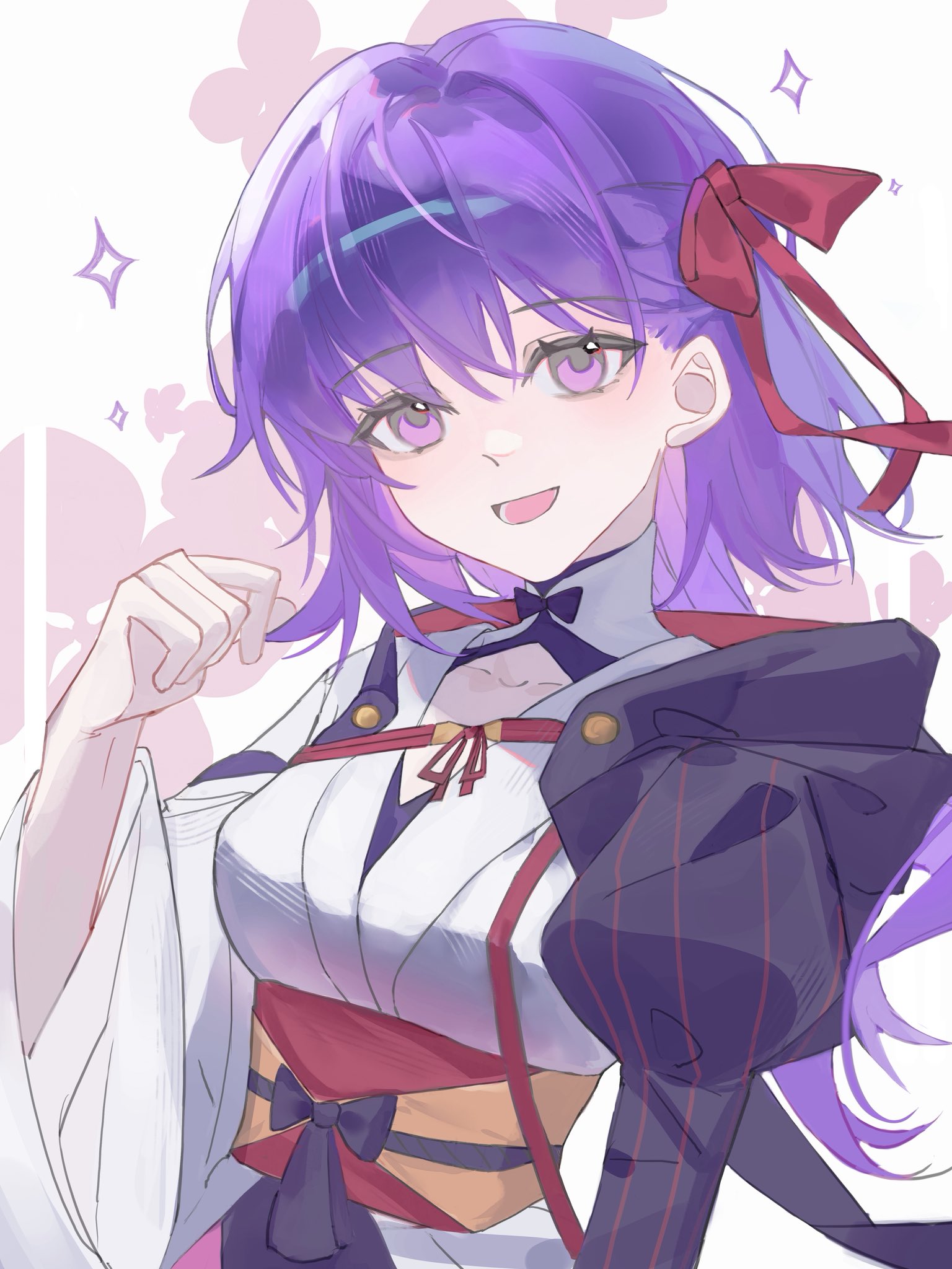 minamisakura011, matou sakura, matou sakura (imaginary around), fate/grand order, fate/stay night, fate (series), hashtag-only commentary, highres, 1girl, alternate costume, hair ribbon, japanese clothes, kimono, long hair, looking at viewer, open mouth, purple eyes, purple hair, red ribbon, ribbon, smile, solo, white kimono
