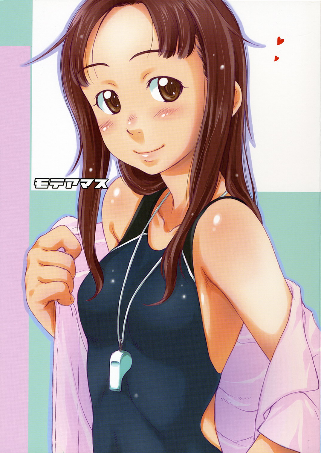 sakura kotetsu, kawada tomoko, kimi kiss, highres, blush, brown eyes, brown hair, competition swimsuit, dressing, forehead, heart, off shoulder, one-piece swimsuit, shirt, smile, solo, swimsuit, swimsuit under clothes, upper body, wet, whistle