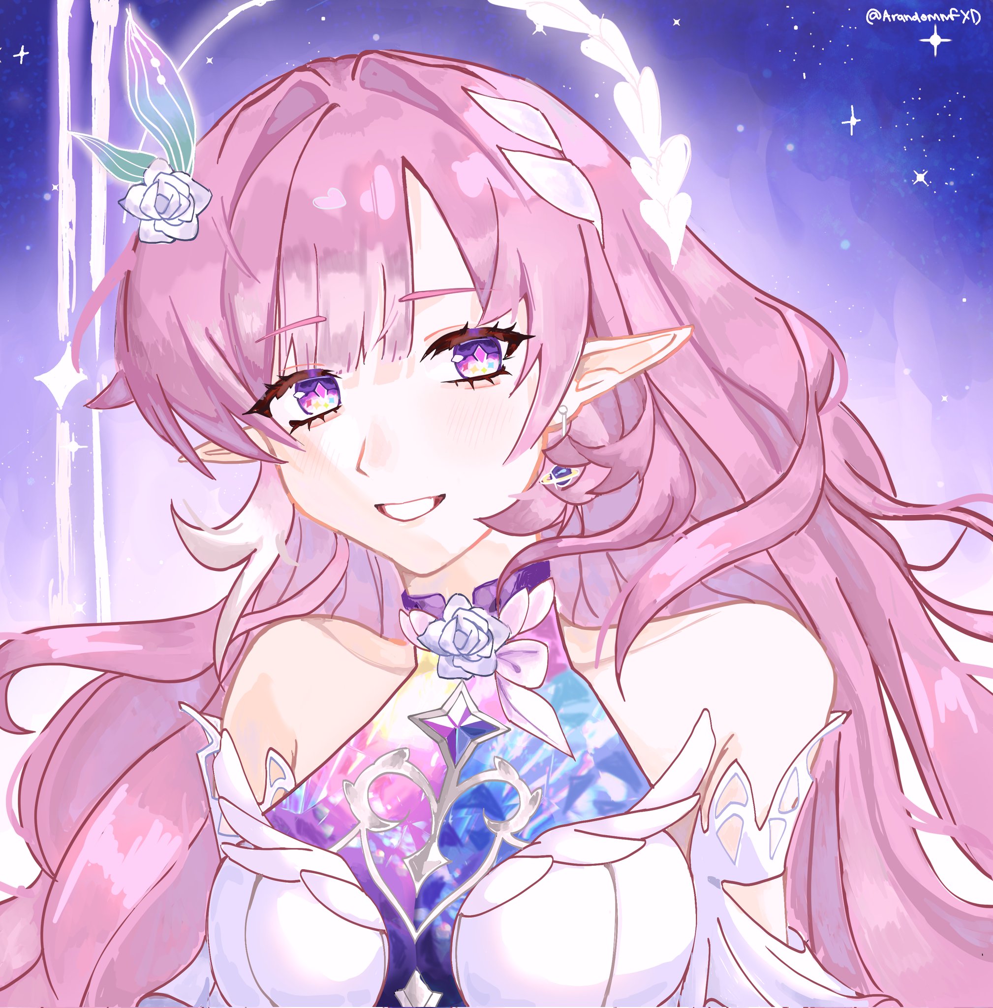 cyrene (honkai: star rail), cyrene (ripples of past reverie) (honkai: star rail), honkai: star rail, honkai (series), commentary, highres, 1girl, arandommfxd, bare shoulders, blue sky, breasts, diamond-shaped pupils, diamond (shape), earrings, halo, jewelry, large breasts, long hair, looking at viewer, parted lips, pink hair, pointy ears, purple eyes, sky, solo, star (sky), starry sky, symbol-shaped pupils, twitter username, upper body, very long hair