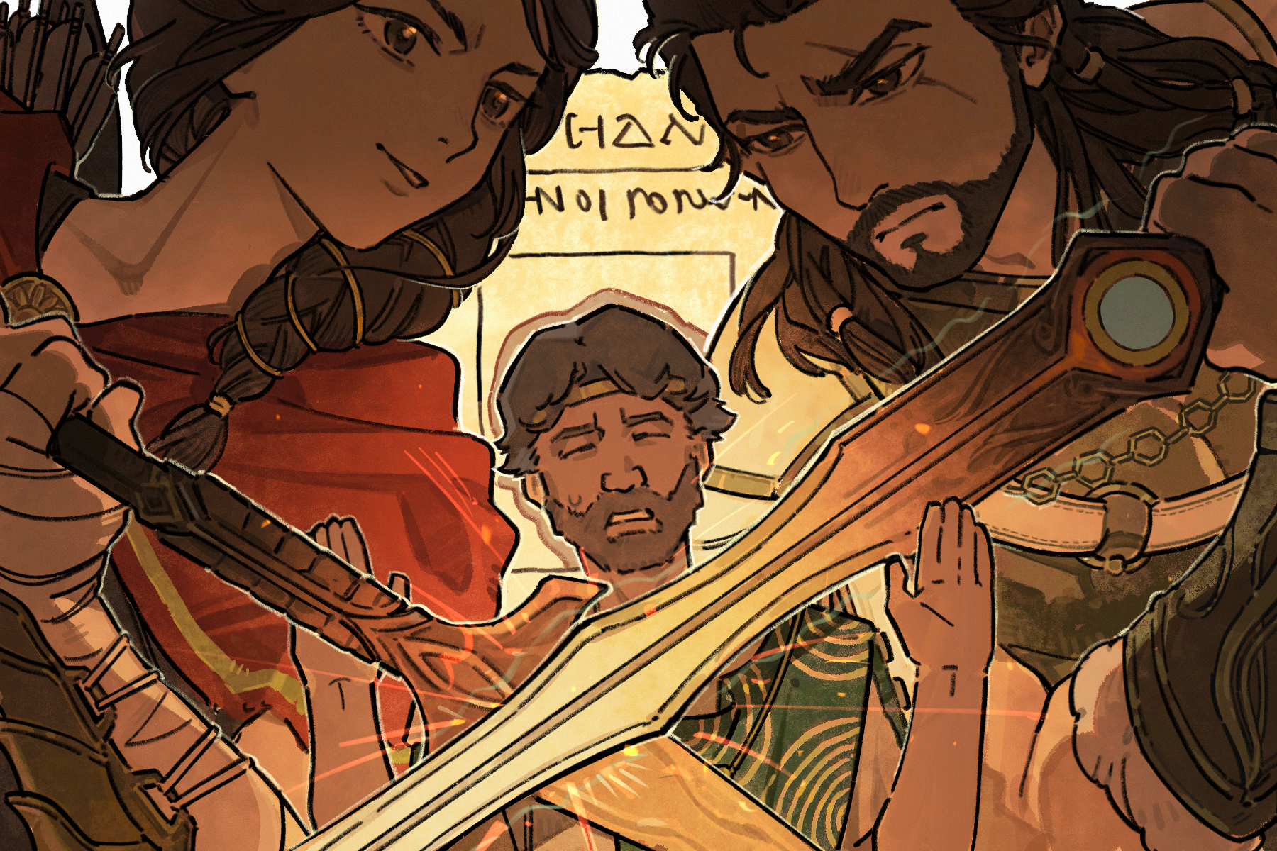 assassin's creed: odyssey, assassin's creed (series), reverse:1999, highres, 1girl, 2boys, alexios (assassin's creed), ancient greek clothes, beard, broken spear, brother and sister, brown eyes, brown hair, cape, closed eyes, crossed weapons, eye contact, face-to-face, facial hair, facing viewer, fighting, greco-roman clothes, greek armor, grey hair, hands up, himation, holding, holding polearm, holding sword, holding weapon, kassandra of sparta, long braid, long hair, looking at another, multiple boys, old, old man, parted lips, perikles, polearm, red cape, scar, scar across eye, scar on face, siblings, sweat, sword, upper body, vambraces, weapon