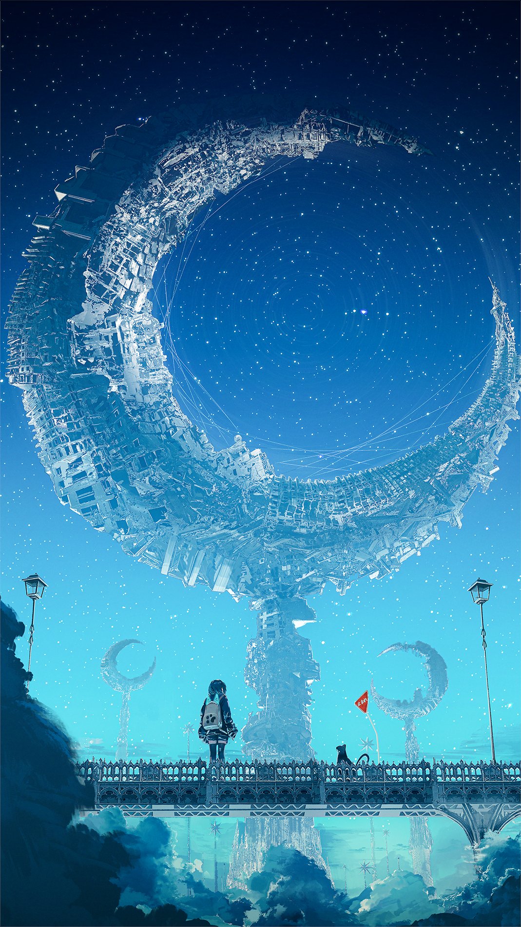 chooco (chocoshi), original, highres, 1girl, backpack, bag, black hair, blue sky, blue theme, building, city, crescent, from behind, lamppost, long hair, moon, outdoors, post-apocalypse, road sign, ruins, scenery, sign, sky, solo, star (sky), starry sky, twintails, wide shot