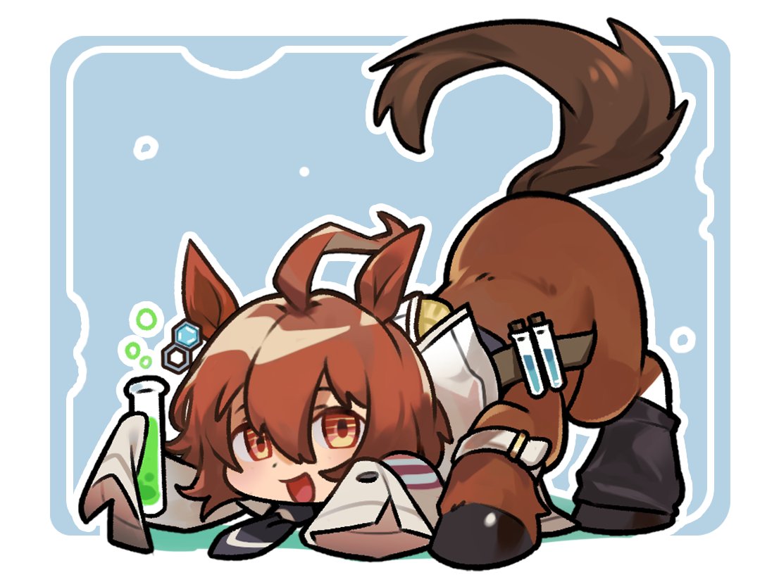 old-night, agnes tachyon (umamusume), umamusume, commentary, symbol-only commentary, 1girl, :d, ahoge, animal ears, black leg warmers, blue background, border, brown hair, centaur, earrings, full body, hair between eyes, holding, holding test tube, horse ears, horse girl, horse tail, huge ahoge, jewelry, lab coat, leg warmers, long sleeves, looking at viewer, lying, medium hair, necktie, on stomach, open mouth, red eyes, shirt, short necktie, single earring, sleeves past fingers, sleeves past wrists, smile, solo, tail, taur, test tube, white border, wolf cut