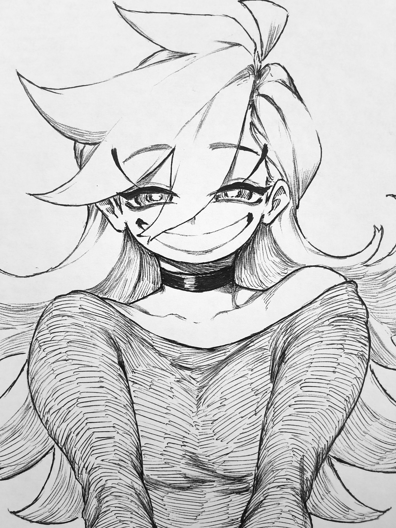 chronozbergh, panty (psg), panty & stocking with garterbelt, commentary, english commentary, highres, 1girl, black choker, choker, dress, greyscale, grin, hair between eyes, long hair, looking at viewer, monochrome, single bare shoulder, smile, solo