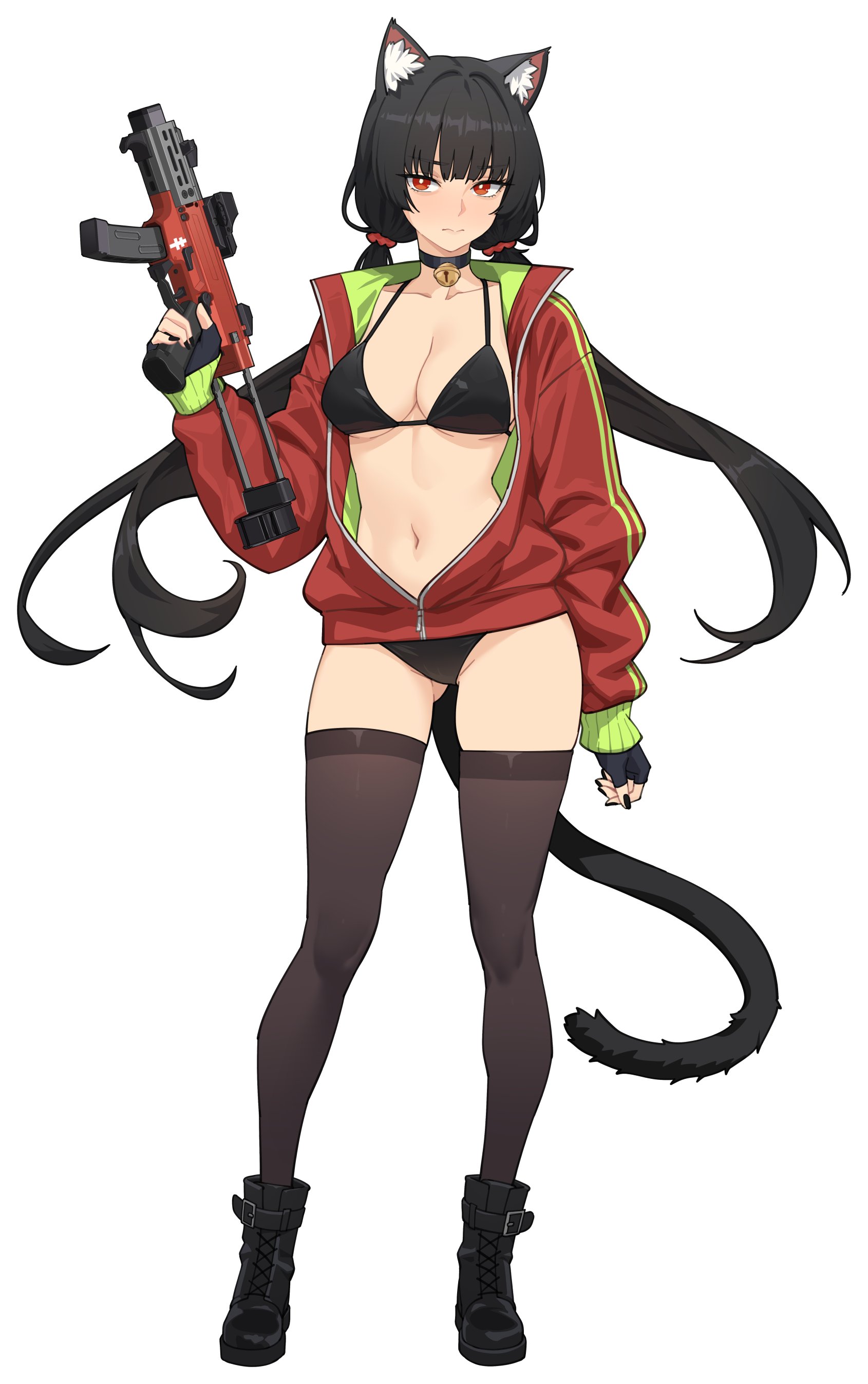kuso otoko, uragoner, absurdres, commentary, english commentary, highres, weapon request, 1girl, animal ear fluff, animal ears, ankle boots, arm at side, bell, bikini, black bikini, black boots, black choker, black gloves, black hair, black nails, black thighhighs, boots, breasts, bright pupils, cat ears, cat girl, cat tail, choker, eotech, fingerless gloves, fingernails, full body, gloves, gluteal fold, gun, hair ornament, hair scrunchie, hand up, holding, holding gun, holding weapon, jacket, jingle bell, large breasts, long fingernails, long hair, long sleeves, looking at viewer, low twintails, nail polish, navel, neck bell, partially unzipped, red eyes, red jacket, red scrunchie, scrunchie, simple background, solo, standing, submachine gun, swimsuit, tachi-e, tail, thighhighs, track jacket, twintails, very long hair, weapon, white background, white pupils, zipper pull tab
