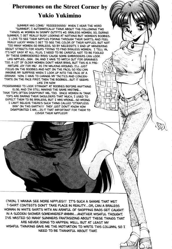 yukimino yukio, pheromones on the street corner, hard-translated, third-party edit, translated, 1990s (style), 1girl, armpits, breasts, contrapposto, covered erect nipples, english text, greyscale, linea alba, lonely, medium breasts, midriff, monochrome, open shoes, retro artstyle, shirt, simple background, sleeveless, sleeveless shirt, standing, twintails, wall of text, white background