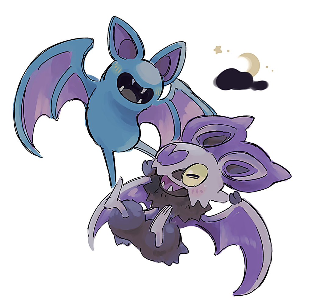 noibat, zubat, nintendo, pokemon, animal focus, bat (animal), closed eyes, crescent moon, fangs, gen 1 pokemon, gen 6 pokemon, moon, no humans, noah moimoi, open mouth, pokemon (creature), pokemon focus, smile, star (sky), wings, yellow eyes