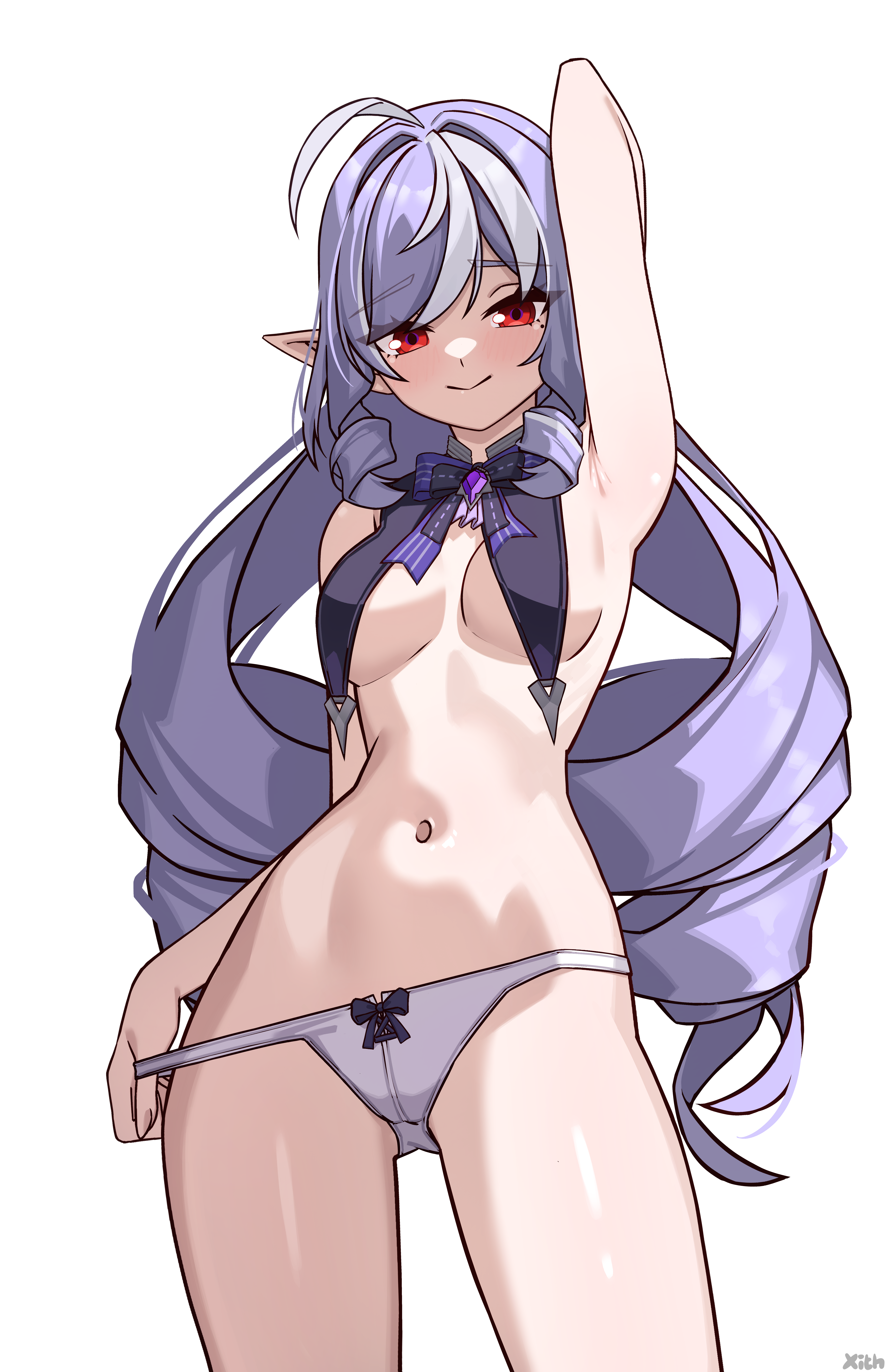 x xith x, vivian banshee, zenless zone zero, absurdres, commentary, english commentary, highres, textless version, 1girl, arm up, armpits, blush, bow, bow panties, breast curtains, breasts, closed mouth, drill hair, long hair, looking at viewer, medium breasts, mole, mole under eye, multicolored hair, navel, panties, panty pull, pointy ears, purple bow, purple hair, red eyes, simple background, smile, solo, standing, stomach, streaked hair, twitter strip game, underwear, white background, white hair, white panties, white streaks