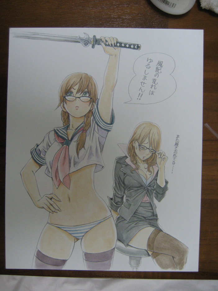 yamashita shun'ya, arisugawa shii, mirei-san, original, photo (medium), traditional media, translated, 2girls, adjusting eyewear, arm up, braid, breasts, brown hair, business suit, chair, cleavage, closed eyes, crop top, crossed legs, fingernails, formal clothes, glasses, green eyes, hand on own hip, hip focus, jacket, large breasts, lipstick, long fingernails, long hair, makeup, medium breasts, midriff, miniskirt, multiple girls, nail (hardware), navel, no pants, office lady, panties, pencil skirt, school uniform, serafuku, sitting, skirt, skirt suit, striped clothes, striped panties, suit, sweatdrop, sword, thighhighs, twin braids, underwear, weapon, zettai ryouiki