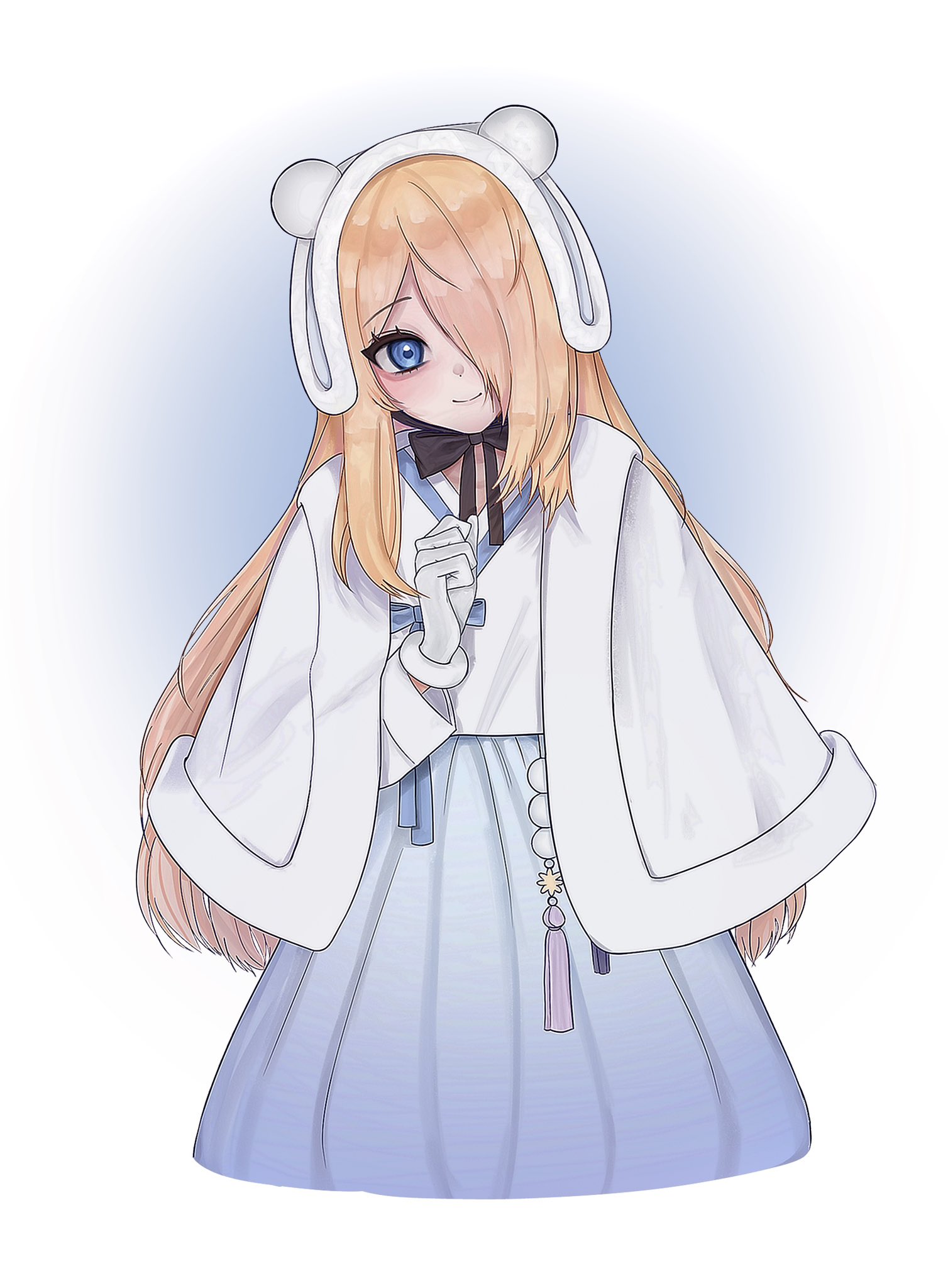 zombie high school, highres, korean commentary, 1girl, animal ears, blonde hair, blue dress, blue eyes, bow, capelet, closed mouth, dress, fake animal ears, fur trim, gloves, go na-rae, hair over one eye, hanbok, hand up, korean clothes, long hair, long sleeves, looking at viewer, oilame0, simple background, skirt, smile, solo, very long hair, white background, white gloves