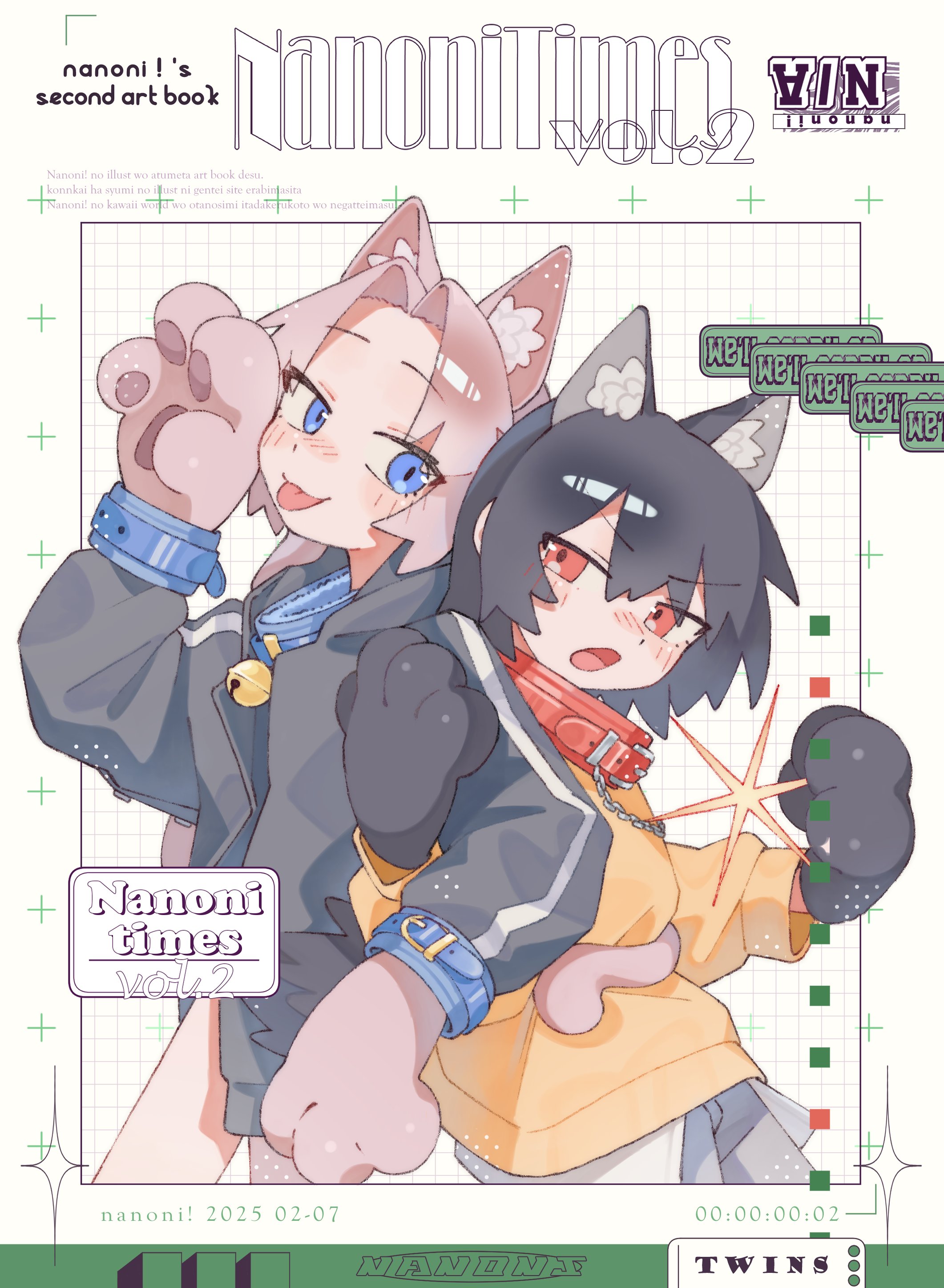 nanoni!, original, absurdres, commentary, english commentary, highres, 2girls, :3, :o, animal ear fluff, animal ears, animal hands, artist name, bell, black hair, black jacket, blue collar, blue eyes, blush stickers, cat ears, cat girl, cat paws, cat tail, closed mouth, collar, cowboy shot, dated, grid background, jacket, jingle bell, long sleeves, multiple girls, neck bell, open mouth, parted bangs, pink hair, red collar, red eyes, shirt, short hair, shorts, tail, tongue, tongue out, v-shaped eyebrows, white background, white shorts, yellow shirt