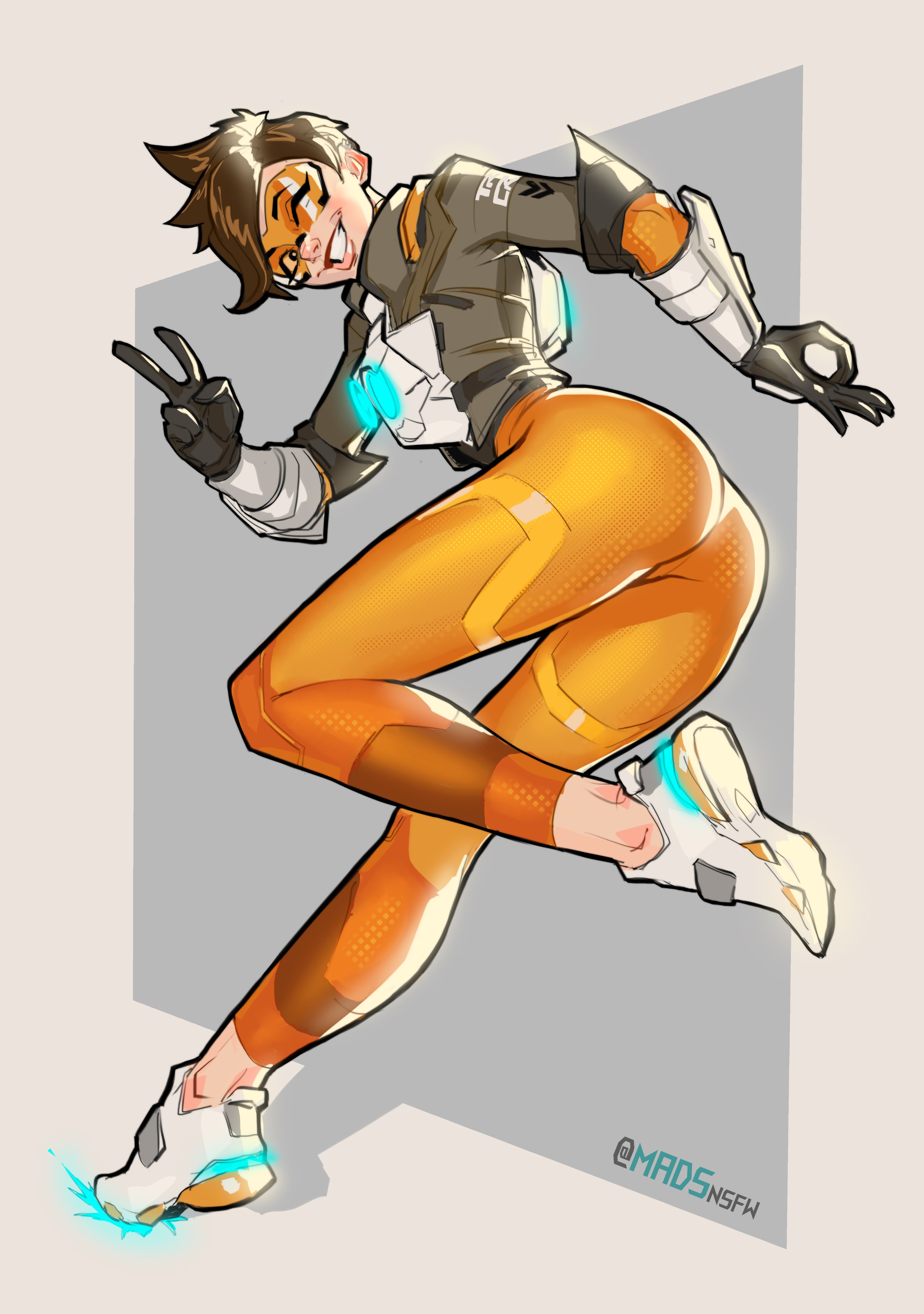 madsnsfw, tracer (overwatch), overwatch, absurdres, highres, armor, artist name, ass, facing away, glowing markings, looking back, ok sign, one eye closed, orange pants, pants, semi-rimless eyewear, shoes, short hair, simple background, smile, solo, standing, standing on one leg, superhero costume, twitter username, v
