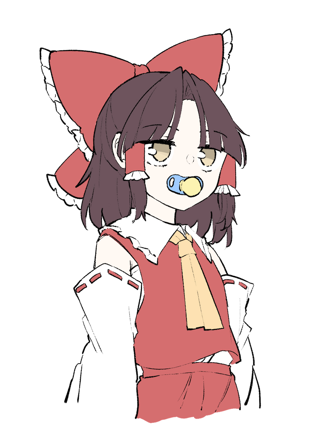 deetamu, hakurei reimu, touhou, commentary, highres, 1girl, ascot, bow, brown eyes, brown hair, detached sleeves, frilled bow, frilled hair tubes, frills, hair bow, hair tubes, long hair, pacifier, red bow, red skirt, ribbon-trimmed sleeves, ribbon trim, simple background, skirt, skirt set, solo, white background, yellow ascot