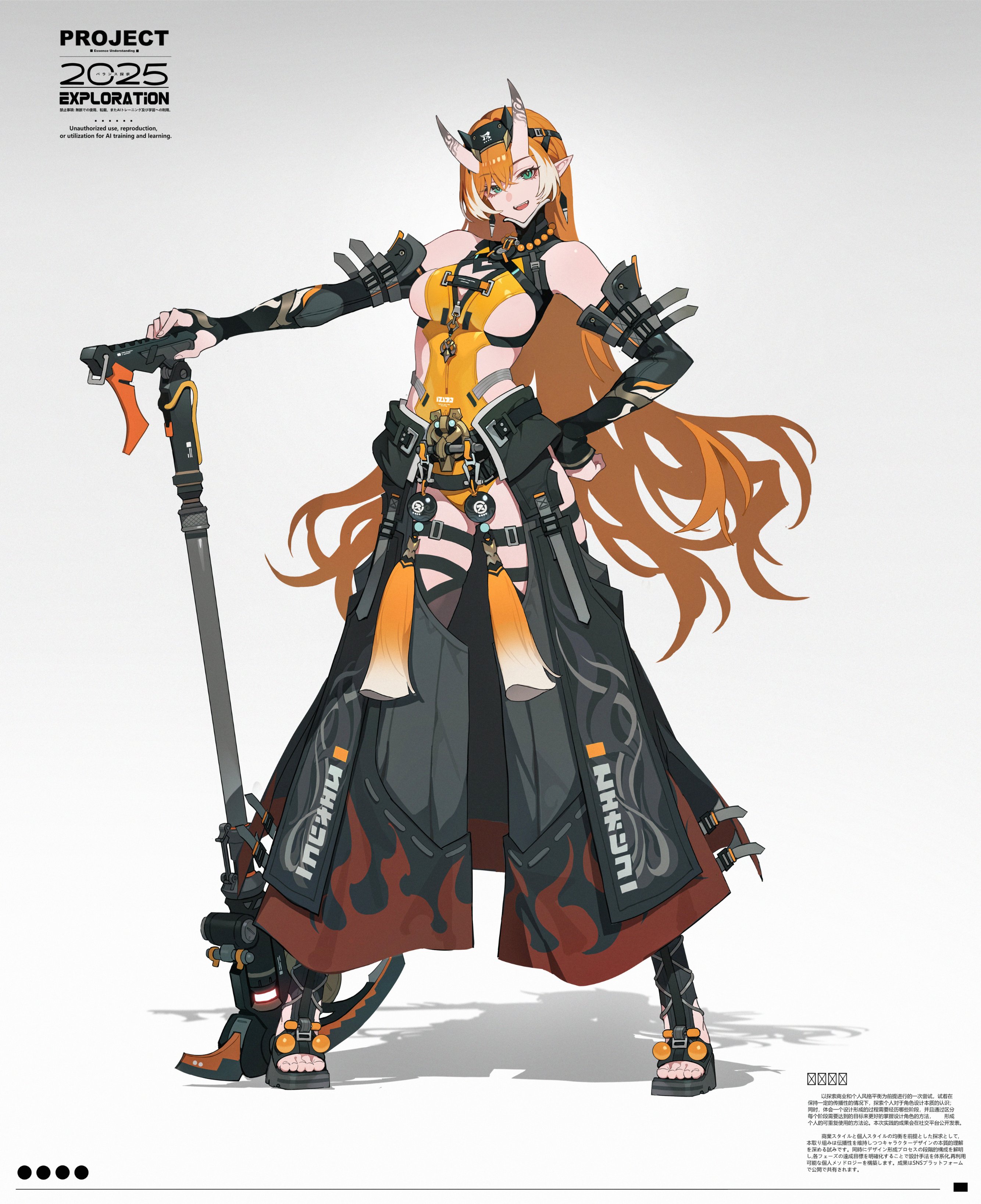 hachisan, original, absurdres, copyright request, highres, 1girl, axe, bare shoulders, belt, breasts, clothing cutout, covered navel, earrings, flame print, full body, gloves, grey background, hand on own hip, horns, jewelry, legs apart, leotard, long hair, looking at viewer, multicolored hair, necklace, oni, open mouth, orange hair, orange leotard, pointy ears, sandals, shadow, sideboob, simple background, smile, solo, standing, thigh strap