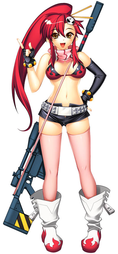 hiyohiyo, yoko littner, tengen toppa gurren lagann, 00s, 1girl, :d, anti-materiel rifle, belt, bikini, bikini top only, boots, breasts, chopsticks, elbow gloves, female focus, fingerless gloves, gloves, gun, hair ornament, legs, long hair, medium breasts, open mouth, ponytail, red hair, rifle, short shorts, shorts, smile, sniper rifle, solo, swimsuit, thighhighs, thighs, weapon, yellow eyes, zipper