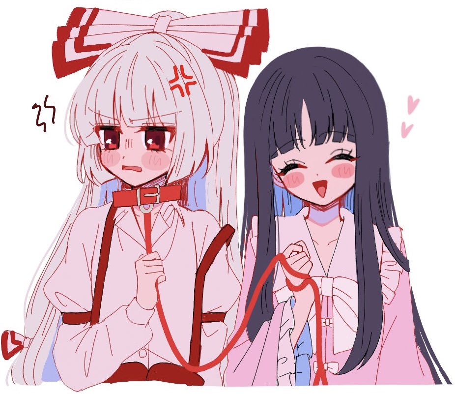 ta mi 01000, fujiwara no mokou, houraisan kaguya, touhou, commentary request, 2girls, anger vein, angry, animal collar, black hair, bow, bowtie, closed eyes, collar, collared shirt, facing viewer, frilled shirt collar, frilled sleeves, frills, grey hair, hair bow, heart, holding, holding leash, leash, long hair, long sleeves, multiple girls, open mouth, paint chat (medium), pink shirt, red collar, red eyes, shirt, smile, suspenders, very long hair, white bow, white bowtie, white shirt, wide sleeves, yuri