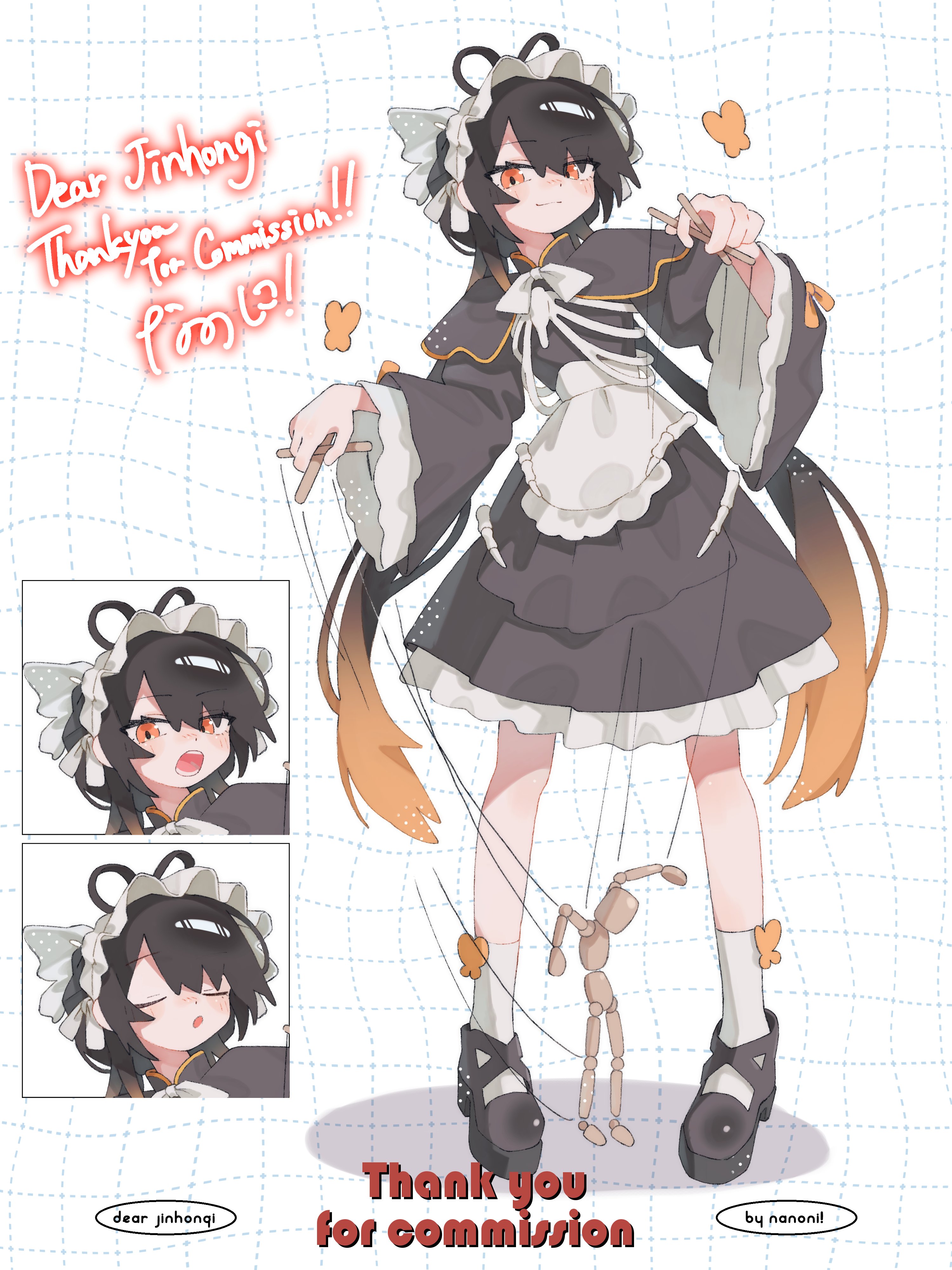 nanoni!, original, absurdres, commentary, commission, hashtag-only commentary, highres, vgen commission, 1girl, :o, apron, artist name, black dress, black hair, black shoes, blush, closed eyes, closed mouth, commissioner name, dress, frilled dress, frilled sleeves, frills, full body, gradient hair, hairband, long hair, long sleeves, looking at viewer, maid, multicolored hair, multiple expressions, open mouth, orange hair, puppet, red eyes, shoes, socks, standing, thank you, two-tone hair, very long hair, waist apron, white apron, white background, white hairband, white socks, wide sleeves