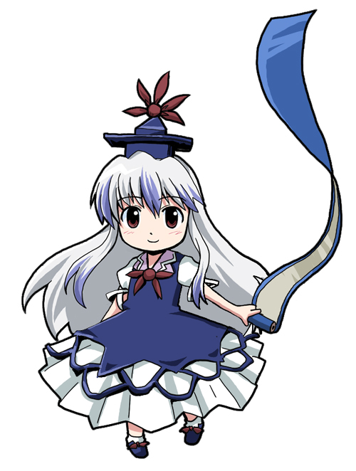 haniwa, haniwa (leaf garden), kamishirasawa keine, touhou, silver hair, 1girl, blue dress, blush, brown eyes, dress, female focus, full body, hat, holding, long hair, looking at viewer, multicolored hair, scroll, simple background, smile, solo, two-tone hair