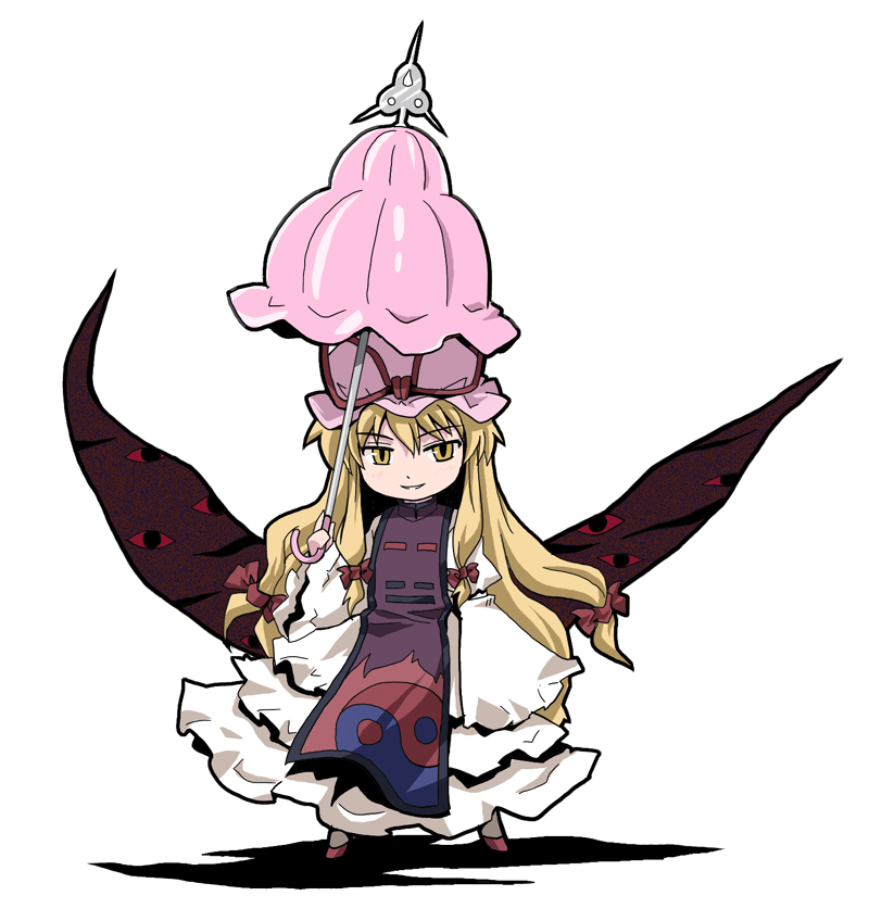 haniwa, haniwa (leaf garden), yakumo yukari, touhou, 1girl, blonde hair, chibi, female focus, gap (touhou), hat, long hair, solo, yellow eyes