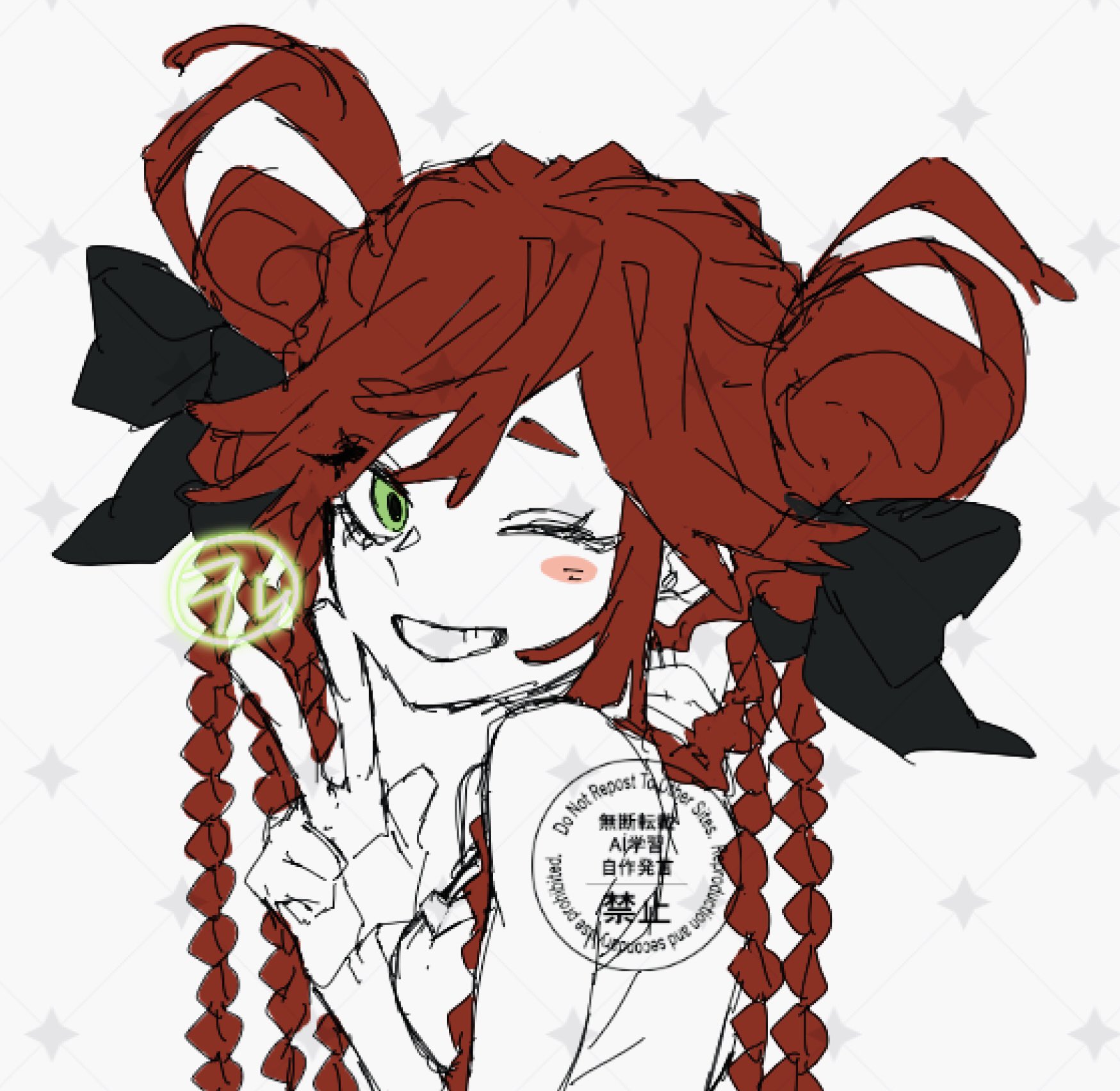 riyo reaper, gachiakuta, highres, 1girl, black bow, bow, braid, green eyes, grin, hair bow, hair rings, hand up, multiple braids, one eye closed, red hair, simple background, smile, solo, v, white background, wol akt