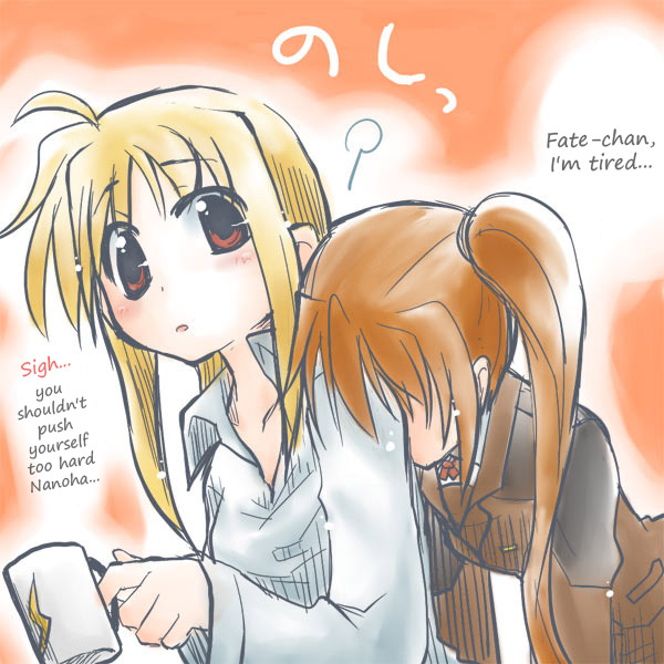 kajikawa yahiro, fate testarossa, takamachi nanoha, lyrical nanoha, mahou shoujo lyrical nanoha, mahou shoujo lyrical nanoha strikers, hard-translated, third-party edit, translated, 00s, 2girls, blonde hair, brown hair, exhausted, military, military uniform, multiple girls, red eyes, side ponytail, twintails