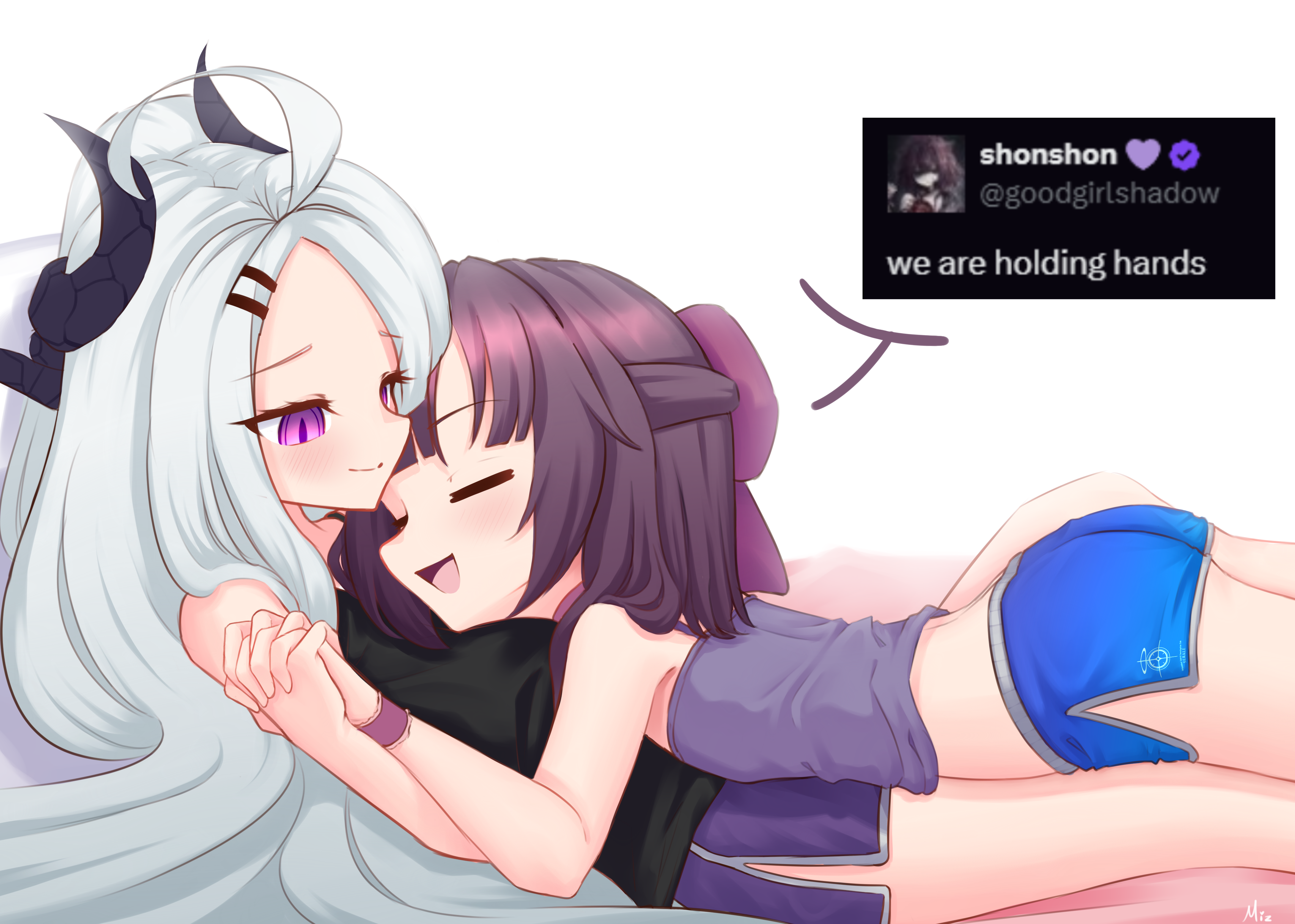 mizatsu, fallenshadow, hina (blue archive), blue archive, indie virtual youtuber, absurdres, highres, 2girls, ahoge, black horns, blue shorts, camisole, closed mouth, from side, girl on top, grey hair, holding hands, horns, interlocked fingers, long hair, lying, lying on person, multiple girls, on back, open mouth, purple camisole, purple eyes, purple hair, purple shorts, shorts, smile, virtual youtuber, white hair, yuri