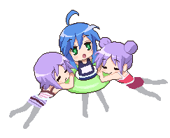 saiguchi otoufu, hiiragi kagami, hiiragi tsukasa, izumi konata, lucky star, animated, animated gif, lowres, 00s, 3girls, afloat, closed eyes, double bun, floating, full body, hair bun, innertube, multiple girls, pixel art, siblings, sisters, swim ring, transparent background, twins, water