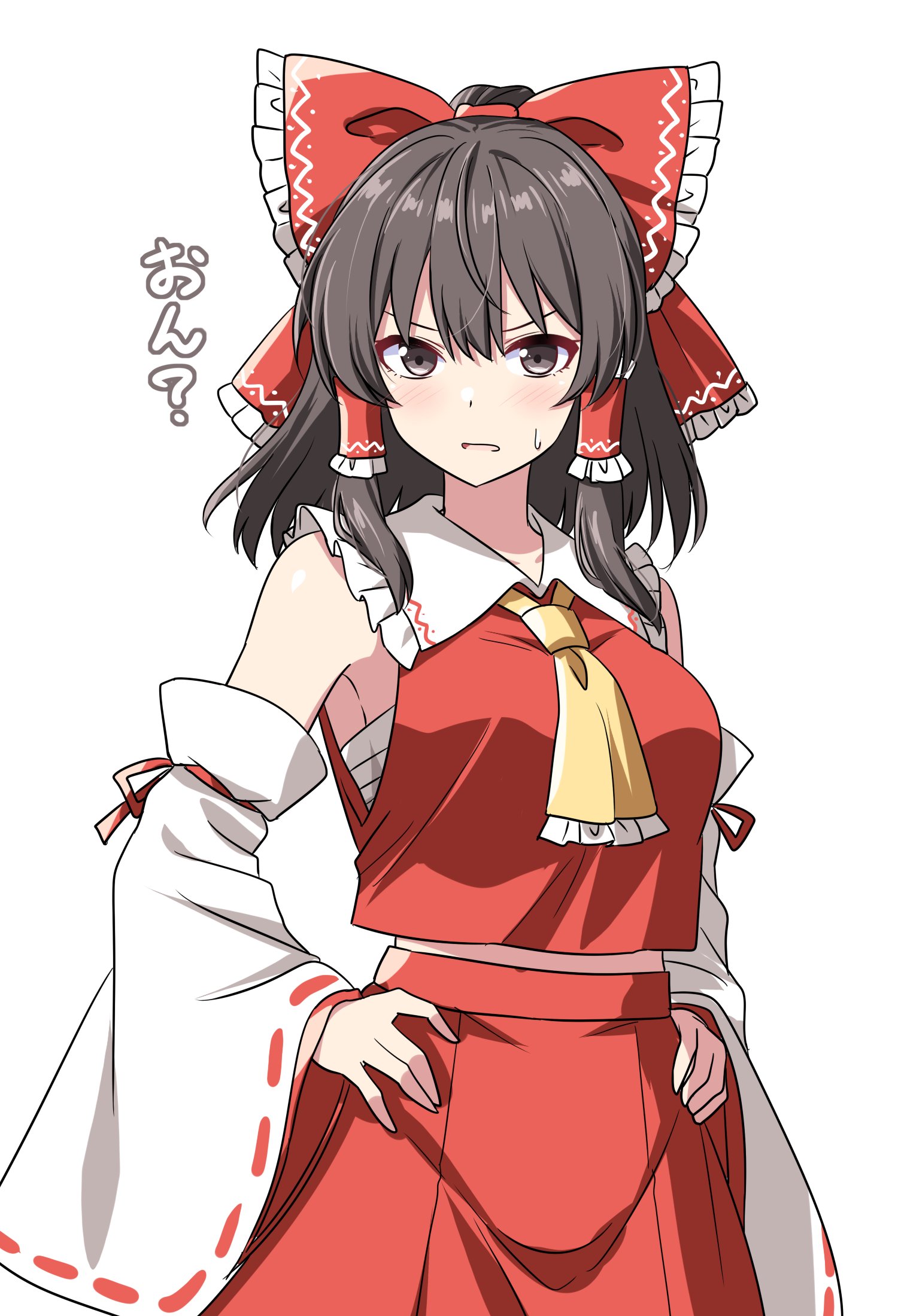 rise (rise19851203), hakurei reimu, touhou, commentary, highres, translation request, 1girl, ascot, blush, bow, breasts, brown eyes, brown hair, chest sarashi, detached sleeves, frilled bow, frilled hair tubes, frills, hair bow, hair tubes, hands on own hips, long hair, open mouth, red bow, red skirt, ribbon-trimmed sleeves, ribbon trim, sarashi, simple background, skirt, skirt set, solo, sweatdrop, white background, yellow ascot