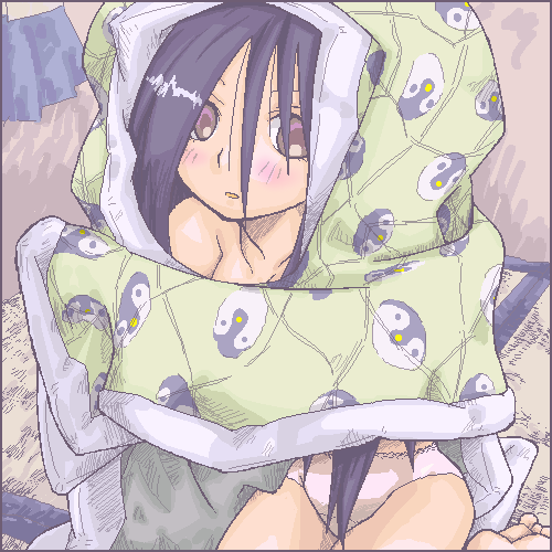 komori kiri, sayonara zetsubou sensei, artist request, lowres, 00s, 1girl, bird, black hair, blanket, brown eyes, female focus, long hair, no bra, oekaki, panties, penguin, quilt, solo, underwear