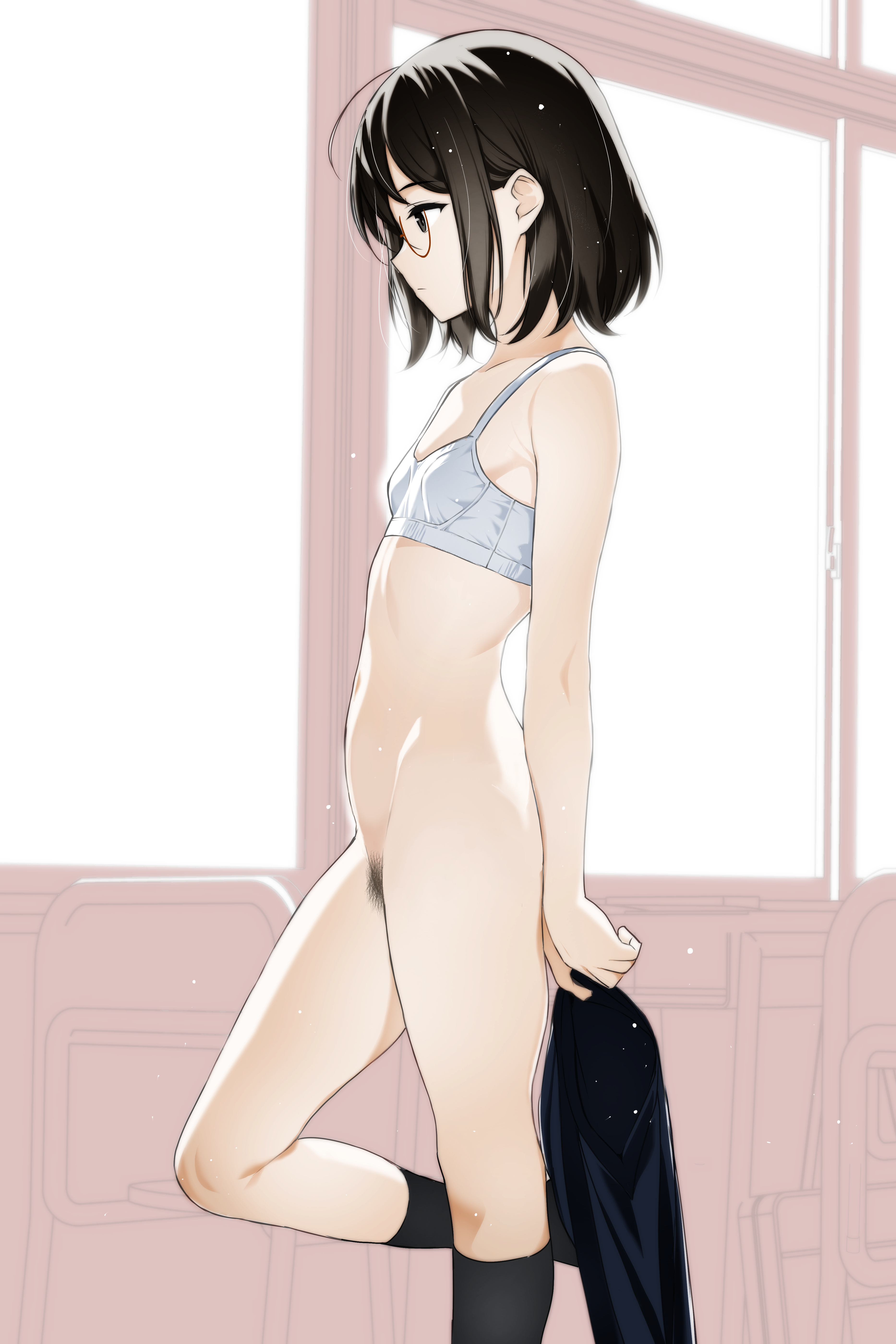 moonsorrow, original, absurdres, commentary, highres, 1girl, black eyes, black hair, black socks, bottomless, bra, breasts, chair, classroom, closed mouth, desk, female pubic hair, from side, glasses, holding, holding unworn clothes, holding unworn skirt, indoors, monochrome background, navel, nipples, profile, pubic hair, school chair, school desk, short hair, sidelocks, skirt, small breasts, socks, solo, underwear, underwear only, unworn skirt, white bra, window