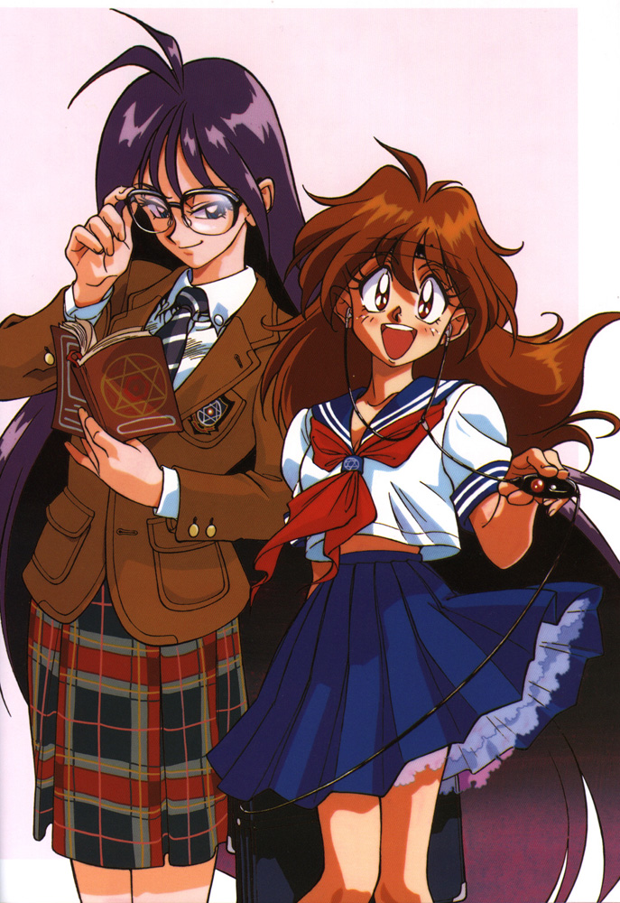 araizumi rui, lina inverse, naga the serpent, slayers, 1990s (style), 2girls, ahoge, book, brown hair, buttoned cuffs, buttons, diagonal-striped clothes, diagonal-striped necktie, glasses, headphones, long hair, multiple girls, necktie, outside border, plaid clothes, plaid skirt, pocket, purple hair, retro artstyle, school uniform, serafuku, skirt, striped clothes, two-tone necktie