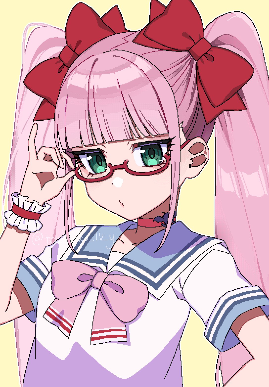 tachi ko lv y, dracky, dragon quest, dragon quest x, highres, 1girl, adjusting eyewear, asfeld academy school uniform, bespectacled, blunt bangs, bow, choker, frilled wrist cuffs, frills, glasses, green eyes, hair bow, jewelry, lapis (dq10), long hair, looking at viewer, pink bow, pink hair, pixel art, red-framed eyewear, red bow, red choker, school uniform, semi-rimless eyewear, solo, twintails, upper body, wrist cuffs, yellow background
