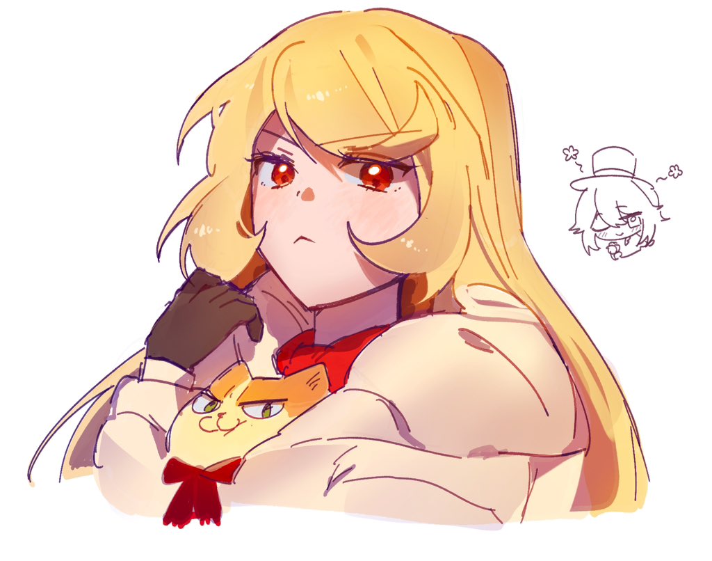 zombie high school, korean commentary, 1girl, :<, black gloves, blonde hair, bow, bowtie, cat, closed mouth, coat, gloves, jo ye-ji, long hair, looking at viewer, nenenen 112, red bow, red bowtie, red eyes, simple background, white background