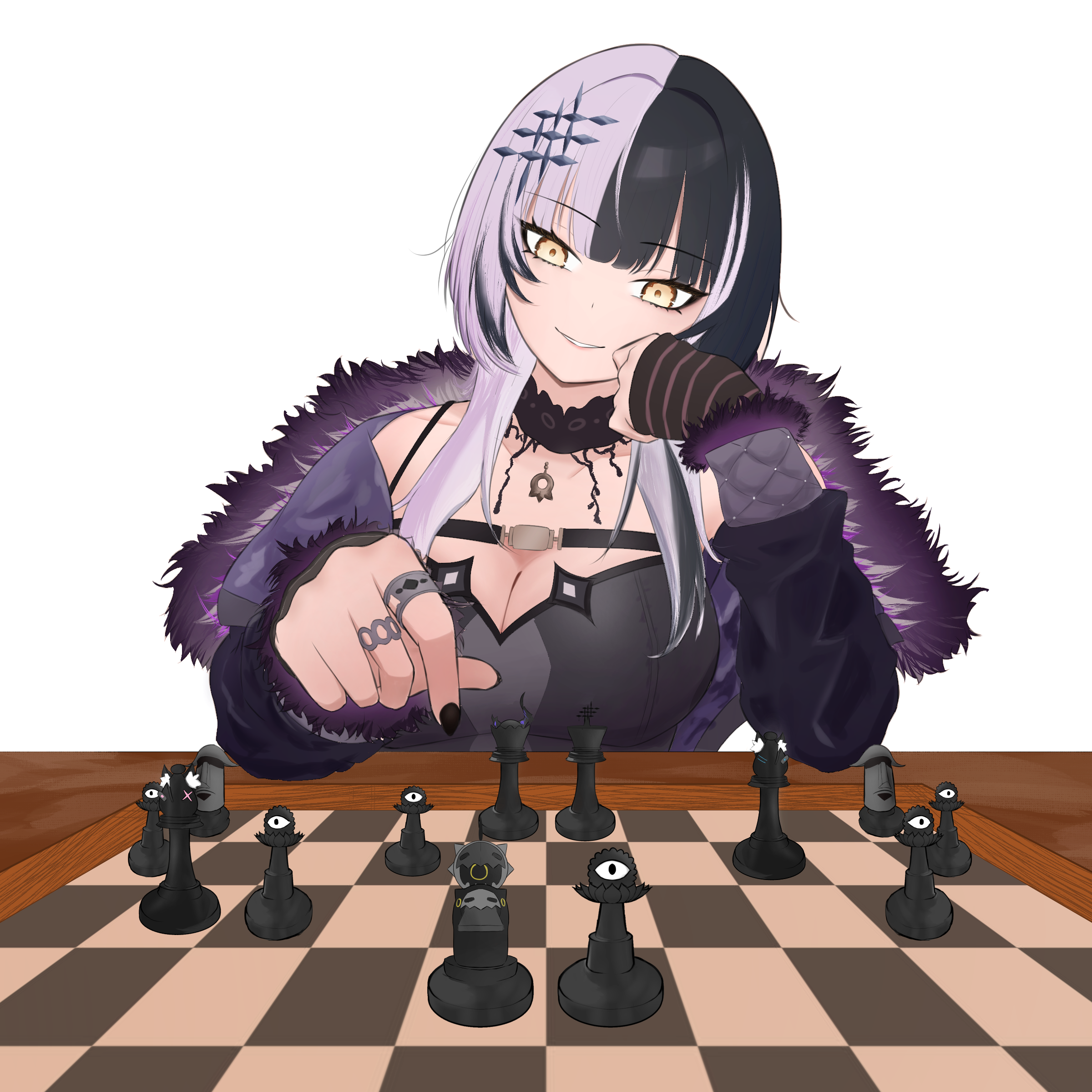 misterrai, novelites (shiori novella), shiori novella, shiori novella (1st costume), hololive, hololive english, absurdres, commentary, highres, symbol-only commentary, 1girl, bishop (chess), black choker, black dress, black hair, black jacket, black nails, breasts, chess piece, chessboard, choker, dress, elbow on table, fingernails, fur-trimmed jacket, fur trim, grey hair, grin, hair ornament, hand on own cheek, hand on own face, head rest, jacket, jewelry, king (chess), knight (chess), large breasts, long fingernails, long hair, long sleeves, looking down, moai (koseki bijou), multicolored hair, multiple rings, nail polish, open clothes, open jacket, outstretched arm, pawn (chess), queen (chess), ring, rook (chess), simple background, smile, solo, split-color hair, two-tone hair, virtual youtuber, white background, yellow eyes