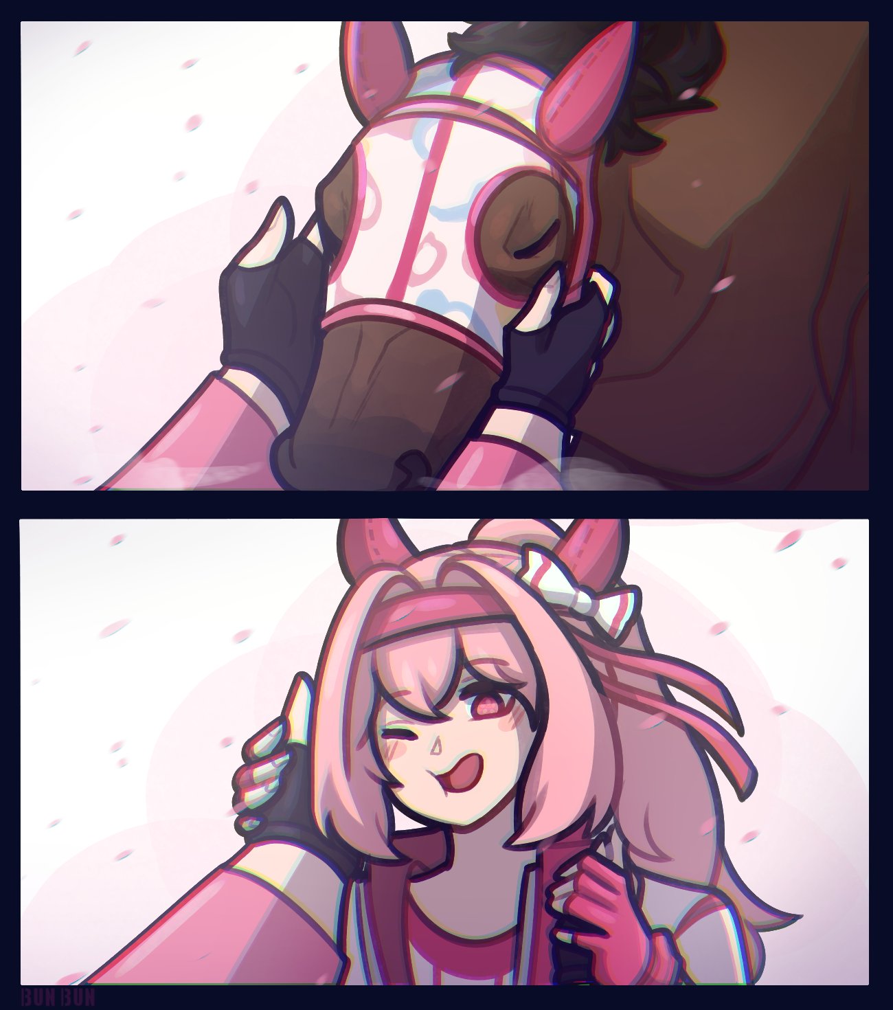 bunbbun, haru urara (racehorse), haru urara (umamusume), trainer (umamusume), real life, umamusume, highres, 1girl, 1other, animal ears, black gloves, blush, bow, brown horse, closed eyes, creature and personification, ear bow, ear covers, fingerless gloves, flower-shaped pupils, flower in eye, gloves, hairband, haru urara (bestest prize) (umamusume), headband, horse, horse ears, horse girl, jacket, long hair, long sleeves, one eye closed, open mouth, personification, pink eyes, pink hair, pink headband, pink shirt, ponytail, red gloves, red headband, shirt, smile, symbol-shaped pupils, symbol in eye, white jacket, white shirt