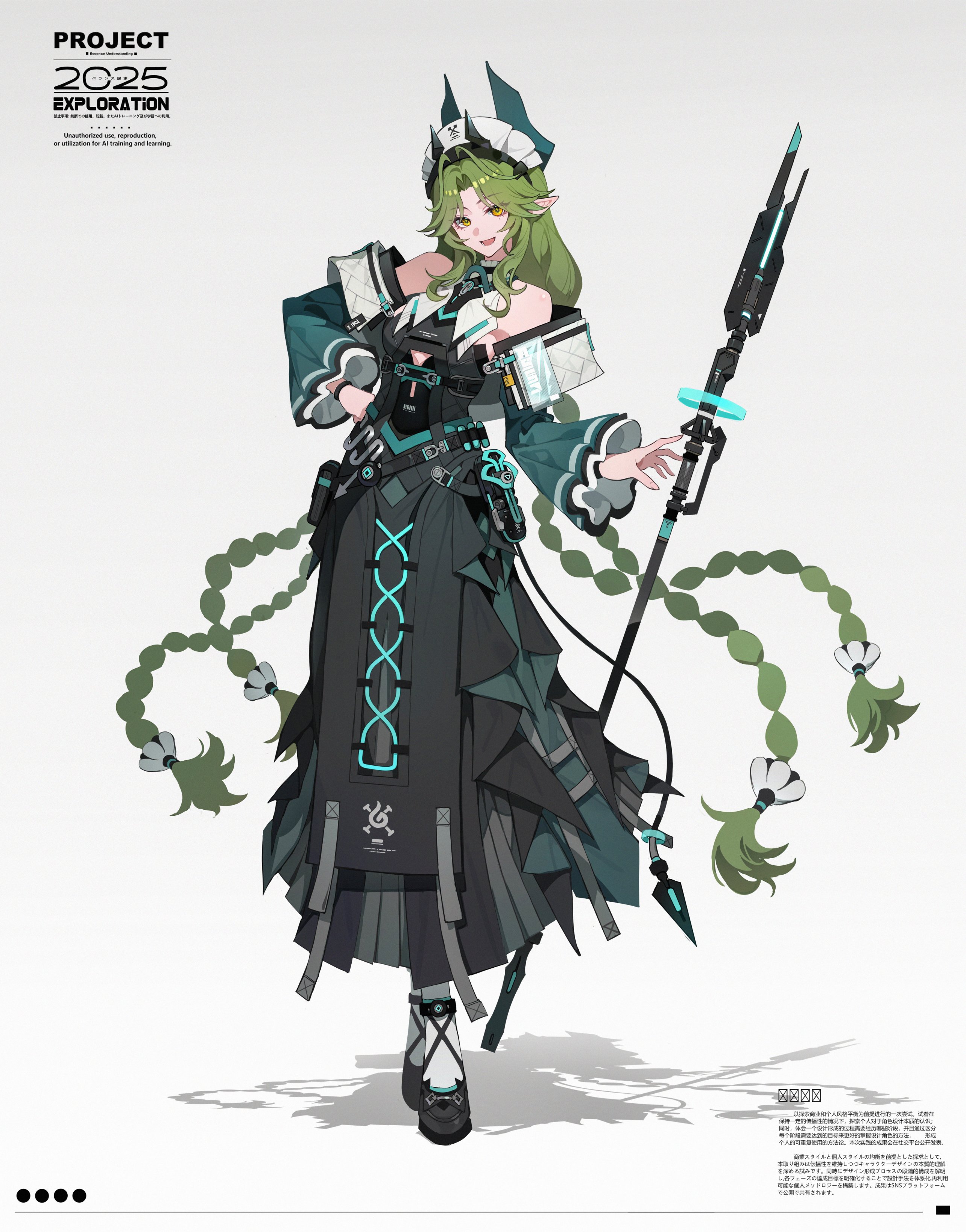 hachisan, original, absurdres, copyright request, highres, 1girl, bare shoulders, black dress, braid, crossed legs, detached sleeves, dress, full body, green hair, hand on own hip, horns, long hair, looking at viewer, maid headdress, open mouth, pointy ears, shadow, simple background, smile, solo, standing, twin braids, very long hair, watson cross, white background, yellow eyes