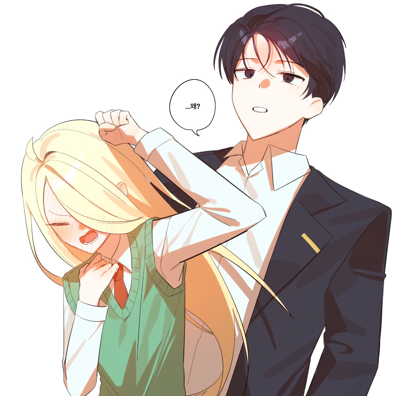 zombie high school, highres, korean commentary, 1boy, 1girl, black eyes, black hair, black jacket, blonde hair, blush, closed eyes, collared shirt, go na-rae, hair over one eye, jacket, jeong dong-seok, korean text, long hair, long sleeves, mole, mole under eye, necktie, nenenen 112, open mouth, red necktie, school uniform, shirt, short hair, simple background, speech bubble, sweater vest, upper body, vest, white background, white shirt