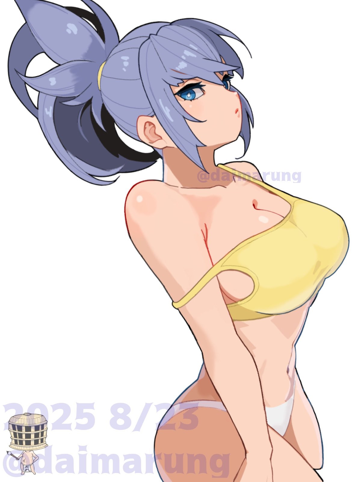 daimaru (s29y2c), leona heidern, the king of fighters, highres, 1girl, artist name, blue hair, breasts, cleavage, crop top, dated, midriff, navel, no pants, panties, ponytail, solo, stomach, strap slip, tank top, underwear, watermark, white panties, yellow tank top