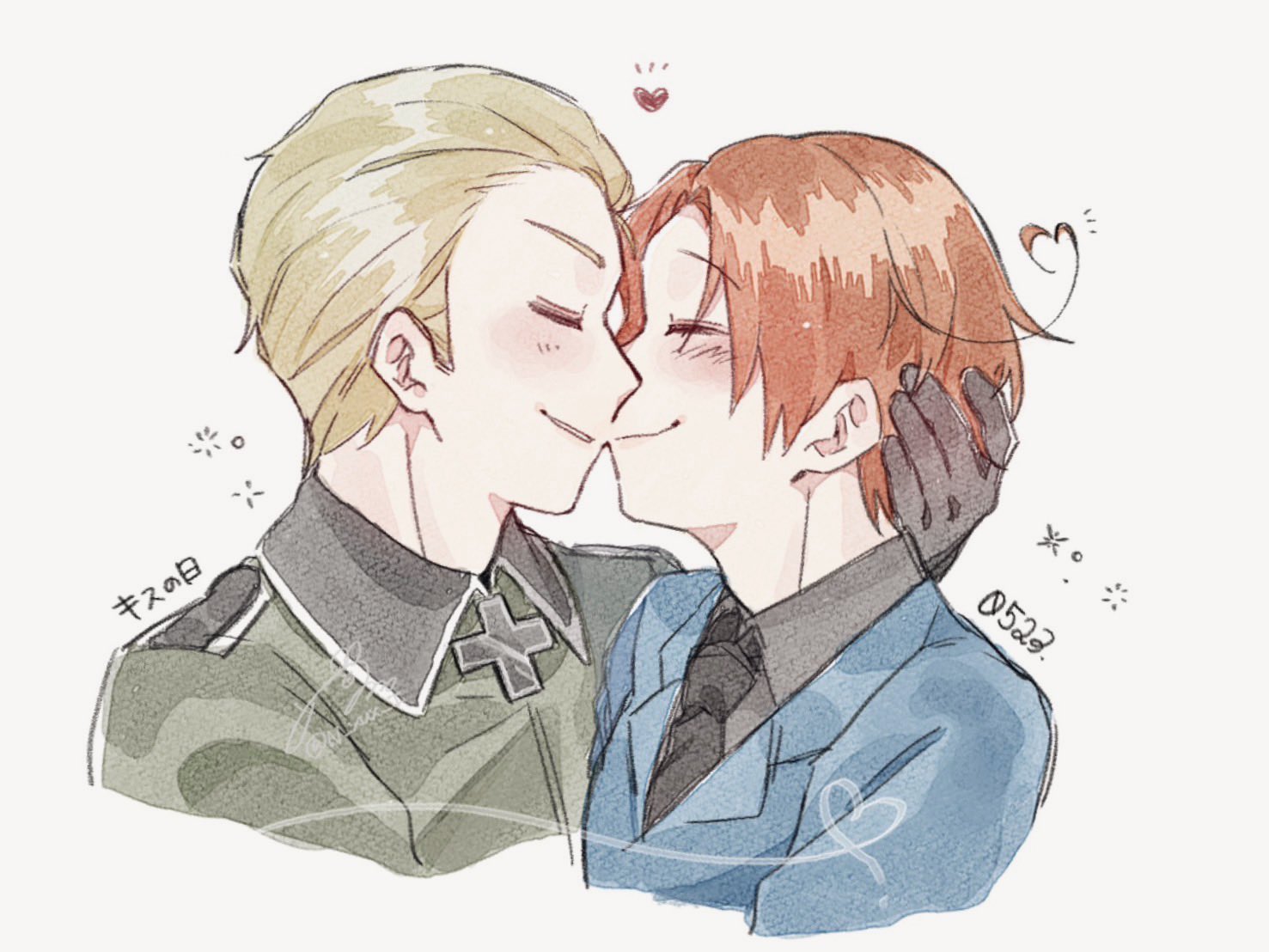 germany (hetalia), northern italy (hetalia), axis powers hetalia, commentary request, 2boys, ahoge, artist name, black gloves, black necktie, blonde hair, blue jacket, blush, closed eyes, closed mouth, collared jacket, collared shirt, cross, gloves, green jacket, grey shirt, hand on another's head, hand up, heart, heart ahoge, iron cross, jacket, kiss, kiss day, lapels, male focus, military jacket, military uniform, multiple boys, n xux i, necktie, orange hair, shirt, short hair, signature, simple background, smile, upper body, white background, yaoi