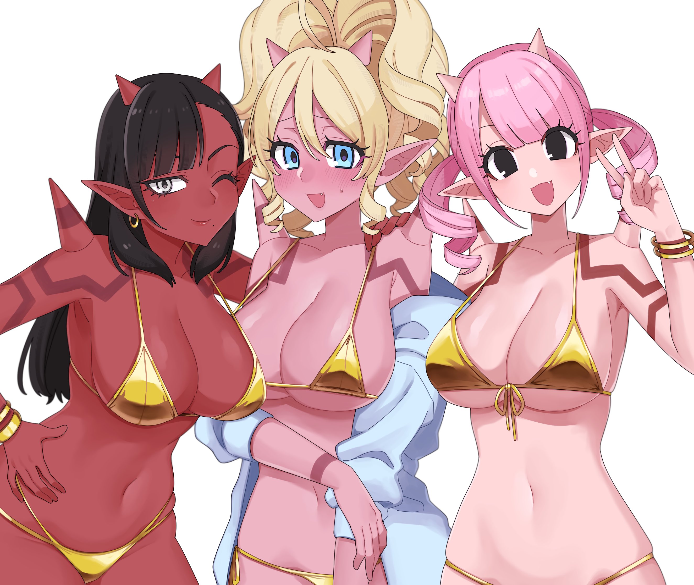 tachi ko lv y, ogre (dq10), dragon quest, dragon quest x, commentary request, highres, 3girls, :d, arm around shoulder, asymmetrical bangs, bikini, black eyes, black hair, blonde hair, blue eyes, blue jacket, blunt bangs, blush, body markings, bracelet, breasts, cleavage, colored skin, curly hair, earrings, fang, front-tie bikini top, front-tie top, gold bikini, gold bracelet, gold earrings, golden week, grey eyes, hand on own hip, high ponytail, hoop earrings, horns, jacket, jacket partially removed, jewelry, large breasts, long hair, looking at viewer, midriff, multiple girls, navel, nervous, one eye closed, open mouth, pink hair, pink skin, pointy ears, ponytail, red skin, shoulder spikes, sideboob, smile, spikes, string bikini, sweatdrop, swimsuit, twintails, underboob, upper body, v, white background