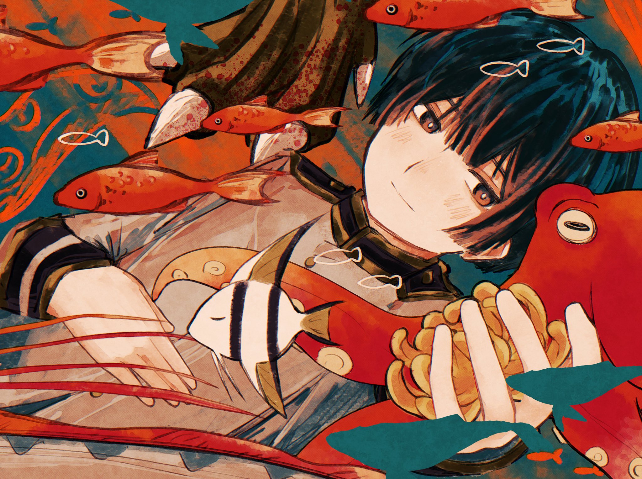 japan (hetalia), axis powers hetalia, commentary request, highres, 1boy, black hair, blue background, blush, brown eyes, buttons, closed mouth, fish, flower, hair between eyes, hand on own chest, hand up, holding, holding flower, jacket, long sleeves, looking at object, lying, male focus, military jacket, military uniform, octopus, on back, orange background, short hair, smile, tentacles, two-tone background, upper body, white jacket, yamamayu 0325, yellow flower