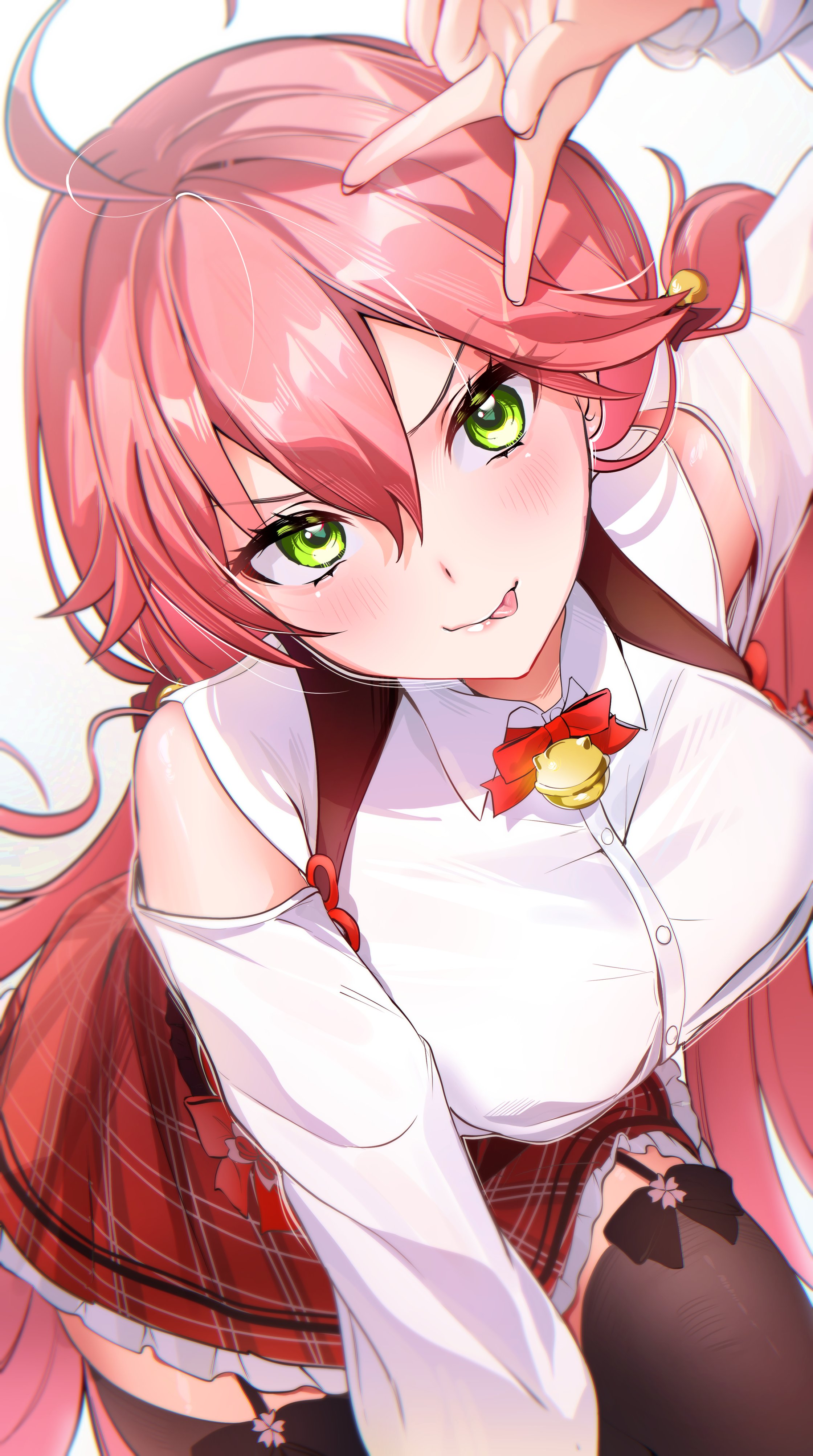 toge0toge0, sakura miko, sakura miko (casual), hololive, absurdres, commentary request, highres, 1girl, :p, ahoge, bell, black thighhighs, blush, bow, bowtie, breasts, clothing cutout, collared shirt, cowboy shot, garter straps, green eyes, hair between eyes, large breasts, long hair, long sleeves, looking at viewer, low twintails, neck bell, pink hair, plaid clothes, plaid skirt, pleated skirt, red bow, red bowtie, red skirt, shirt, shoulder cutout, simple background, skirt, solo, thighhighs, tongue, tongue out, twintails, v, v over head, white background, white shirt