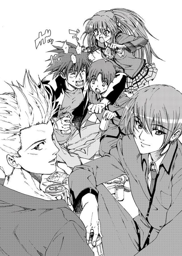 tehen, inohara masato, miyazawa kengo, naoe riki, natsume kyousuke, natsume rin, little busters!, 1girl, 4boys, blush, collarbone, collared shirt, dress, greyscale, long hair, long sleeves, looking at viewer, looking back, monochrome, multiple boys, pants, ponytail, shirt, simple background, sitting, smile, surprised, sweatdrop, very long hair, white background, wide-eyed