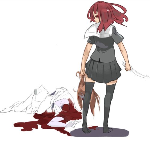 fgz, original, lowres, 2girls, corpse, guro, multiple girls, school uniform, serafuku, severed head, thighhighs, zettai ryouiki