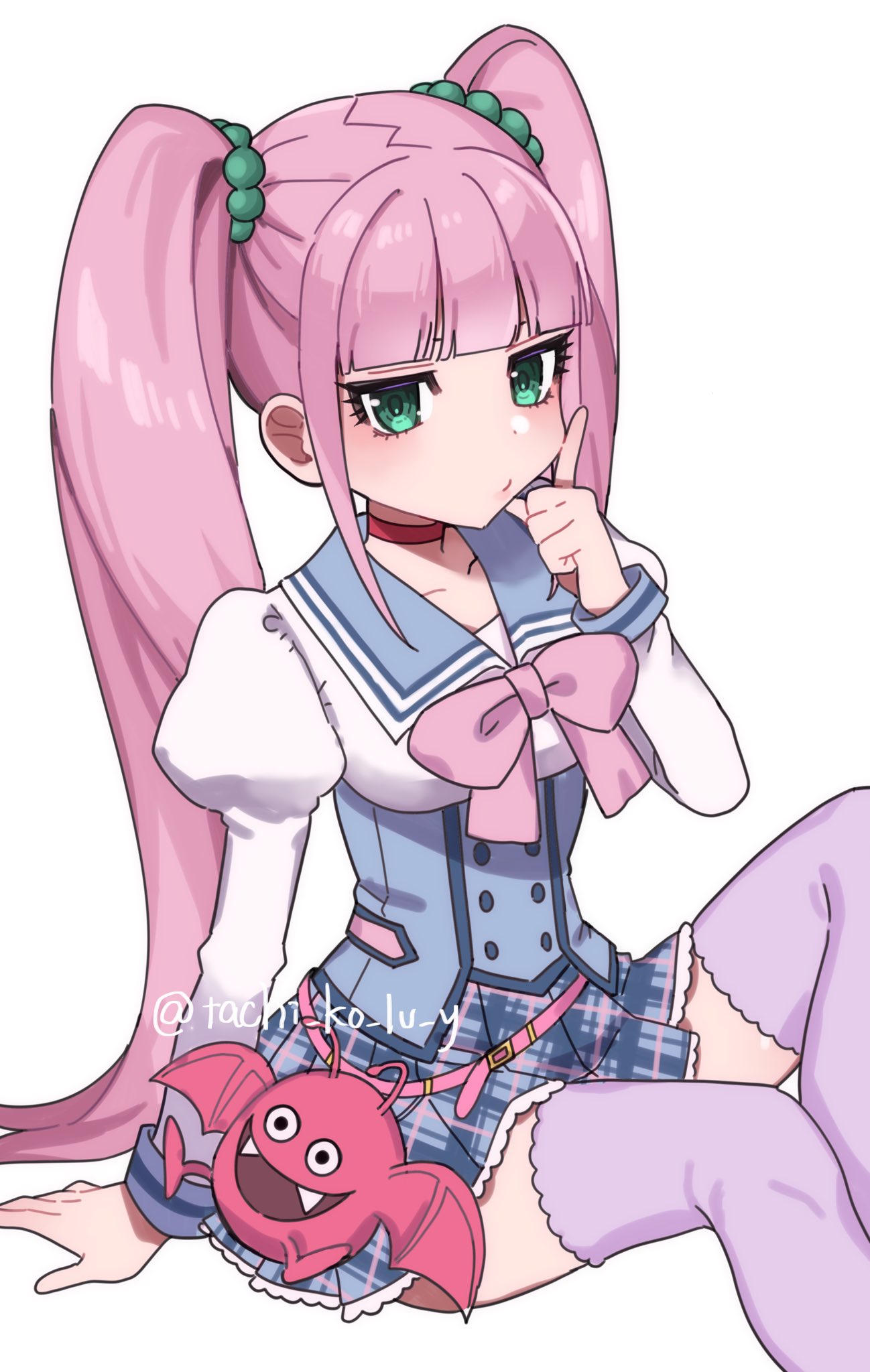 tachi ko lv y, dracky, dragon quest, dragon quest x, commentary request, highres, 1girl, argyle clothes, argyle skirt, asfeld academy school uniform, blue skirt, blunt bangs, bow, buttons, choker, double-breasted, fangs, green eyes, hair bobbles, hair ornament, index finger raised, jewelry, juliet sleeves, lapis (dq10), long hair, long sleeves, looking at viewer, pink bow, pink hair, puffy sleeves, purple thighhighs, red choker, school uniform, sitting, skirt, solo, thighhighs, twintails, white background, zettai ryouiki