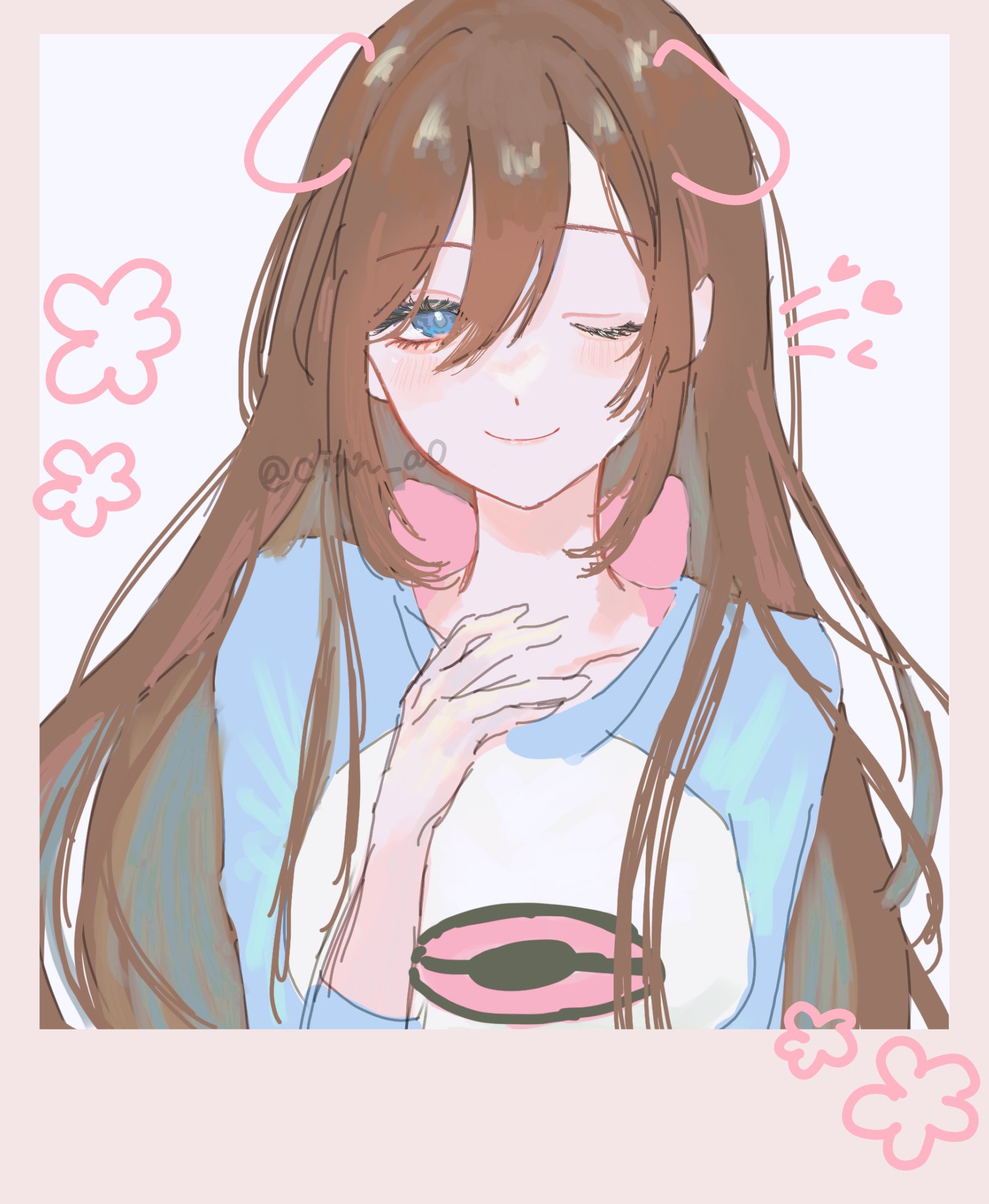 cinn a0, rosa (pokemon), nintendo, pokemon, pokemon bw2, highres, 1girl, alternate hairstyle, blue eyes, blush, bow, brown hair, flower, hair down, hand on own chest, long hair, one eye closed, pink bow, raglan sleeves, shirt, simple background, smile, solo