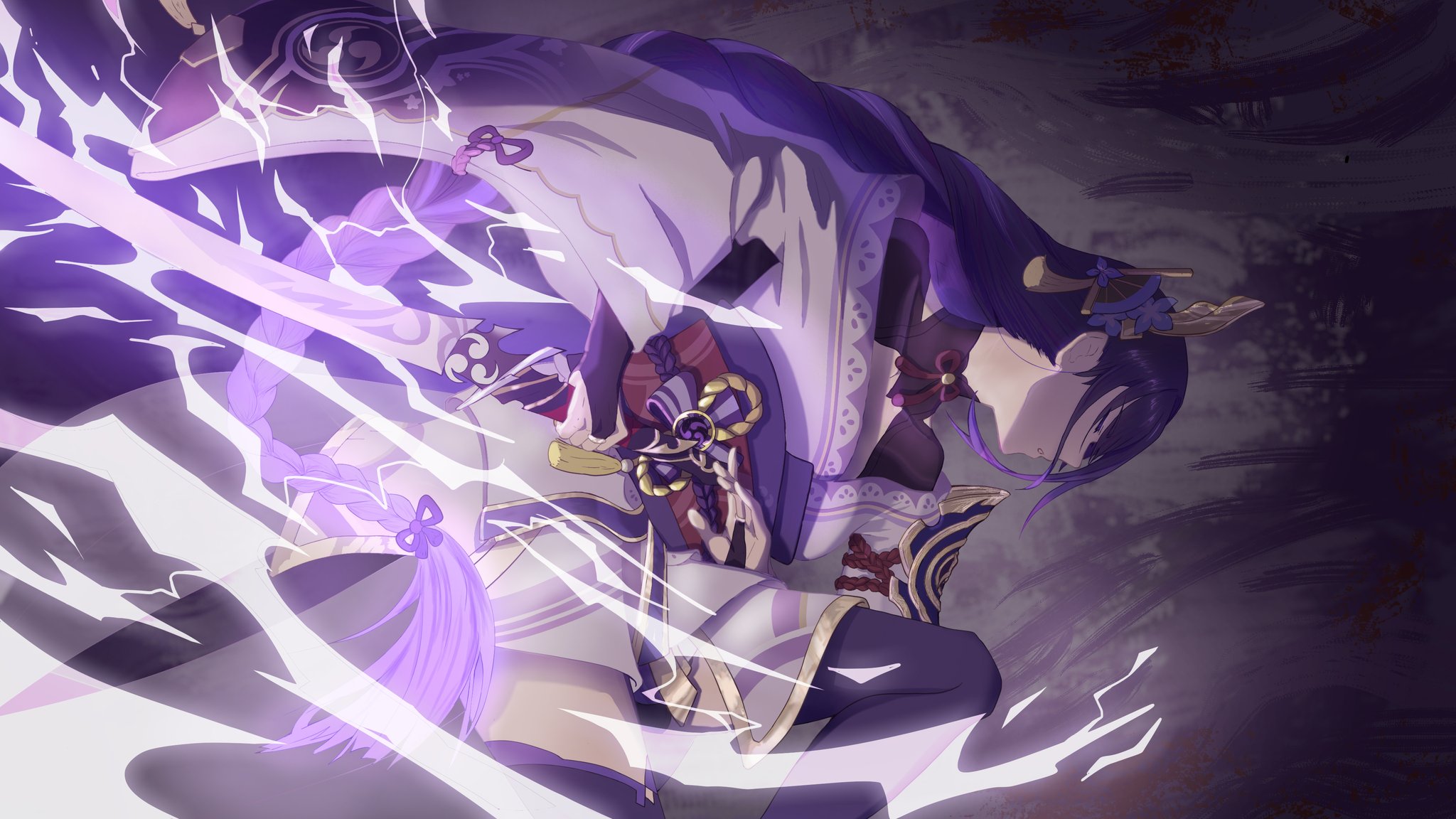 raiden shogun, genshin impact, commentary, english commentary, highres, 1girl, blunt bangs, braid, bridal gauntlets, closed eyes, electricity, fan hair ornament, flower, flower ornament, from side, glowing, glowing sword, glowing weapon, gradient hair, hair ornament, hair ribbon, holding, holding sword, holding weapon, japanese clothes, katana, kimono, kneeling, leaning forward, long braid, long hair, long sleeves, mitsudomoe (shape), mole, mole under eye, multicolored hair, musou isshin (genshin impact), naartworx, neck ribbon, off shoulder, parted lips, purple flower, purple hair, purple kimono, purple ribbon, purple thighhighs, red ribbon, red sash, ribbon, sash, shade, shaded face, single braid, solo, sword, thighhighs, tomoe (symbol), weapon, wide sleeves