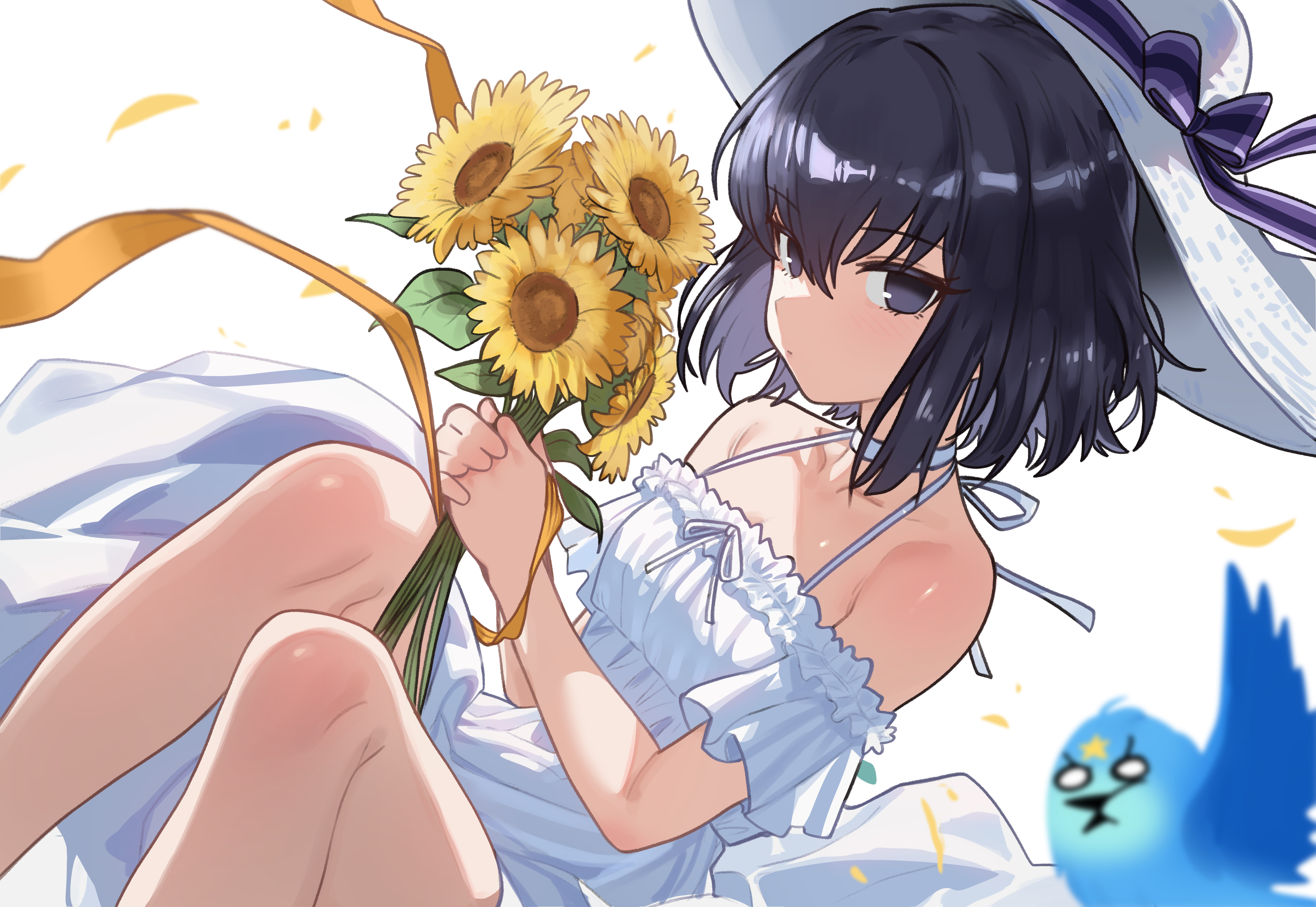 ebora, kuonji alice, lost robin rondo, mahou tsukai no yoru, absurdres, bad link, highres, 1girl, bare shoulders, bird, black eyes, black hair, breasts, collarbone, dress, flower, hat, holding, holding flower, looking at viewer, medium breasts, off-shoulder dress, off shoulder, short hair, short sleeves, simple background, sun hat, white background, white dress, white hat