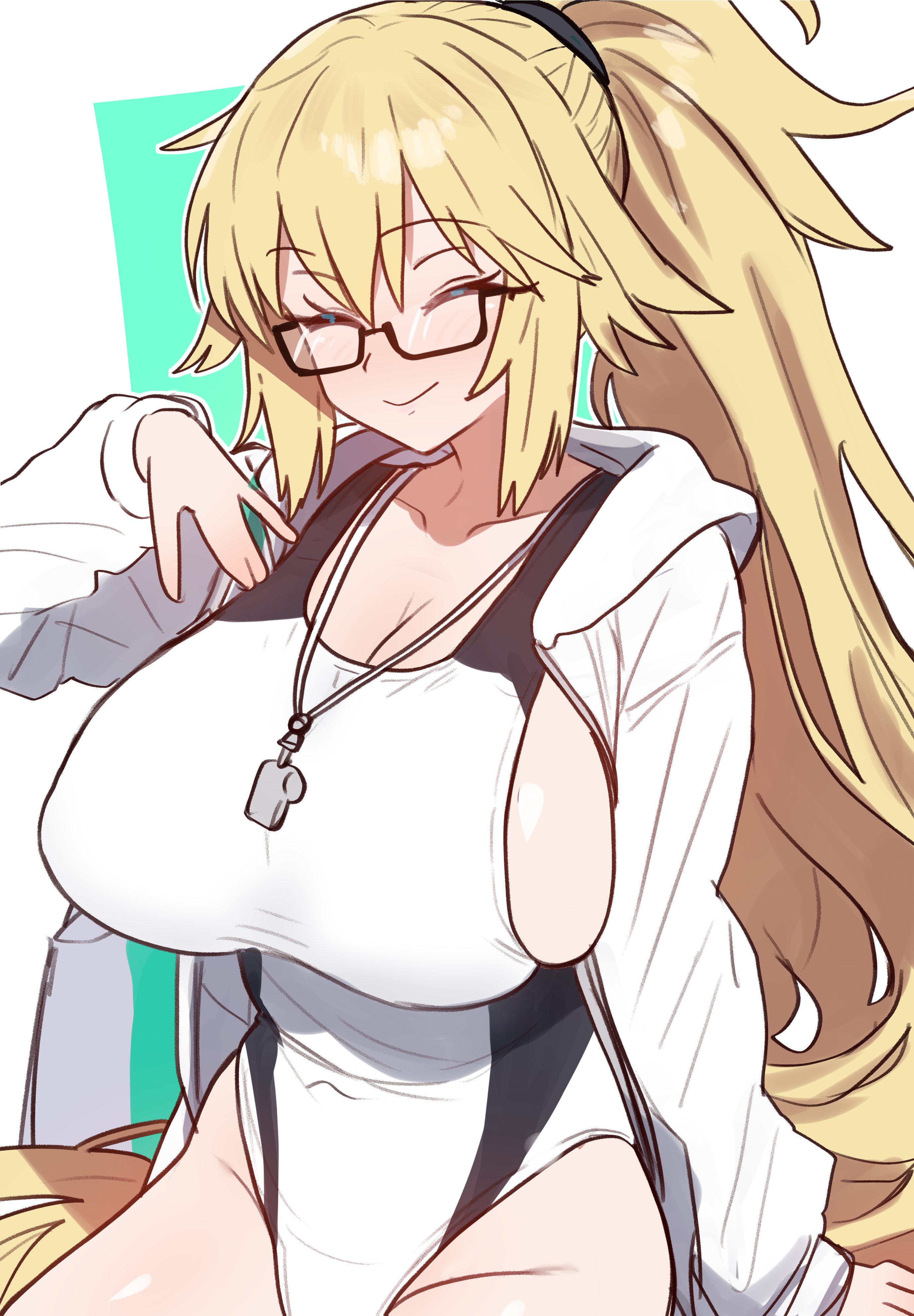ebora, jeanne d'arc (fate), jeanne d'arc (swimsuit archer) (second ascension) (fate), fate/grand order, fate (series), absurdres, bad link, highres, 1girl, bag, bare shoulders, blonde hair, breasts, cleavage, closed eyes, glasses, high ponytail, highleg, highleg one-piece swimsuit, jacket, large breasts, long hair, long sleeves, one-piece swimsuit, ponytail, shoulder bag, sideboob, smile, solo, swimsuit, very long hair, whistle, whistle around neck, white jacket, white one-piece swimsuit