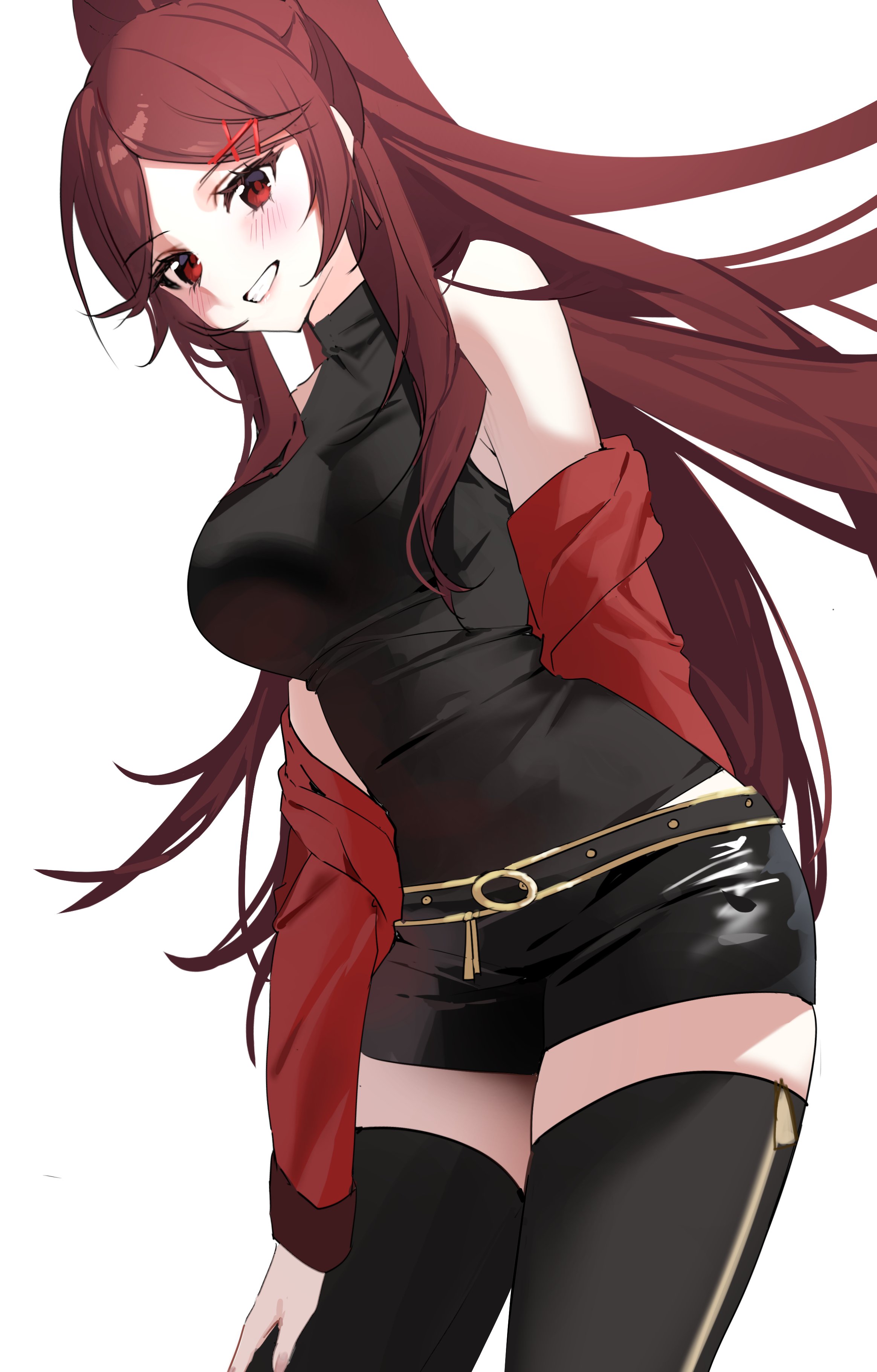 zombie high school, absurdres, highres, korean commentary, 1girl, bare shoulders, belt, black shirt, black shorts, black thighhighs, blush, breasts, brown hair, cowboy shot, grin, hair ornament, hairclip, jacket, jeong ye-seul, large breasts, long hair, long sleeves, looking at viewer, off shoulder, open clothes, open jacket, ponytail, red eyes, red hair, red jacket, rkgk ymmm, shirt, short shorts, shorts, simple background, sleeveless, sleeveless shirt, smile, solo, thighhighs, very long hair, white background, x hair ornament