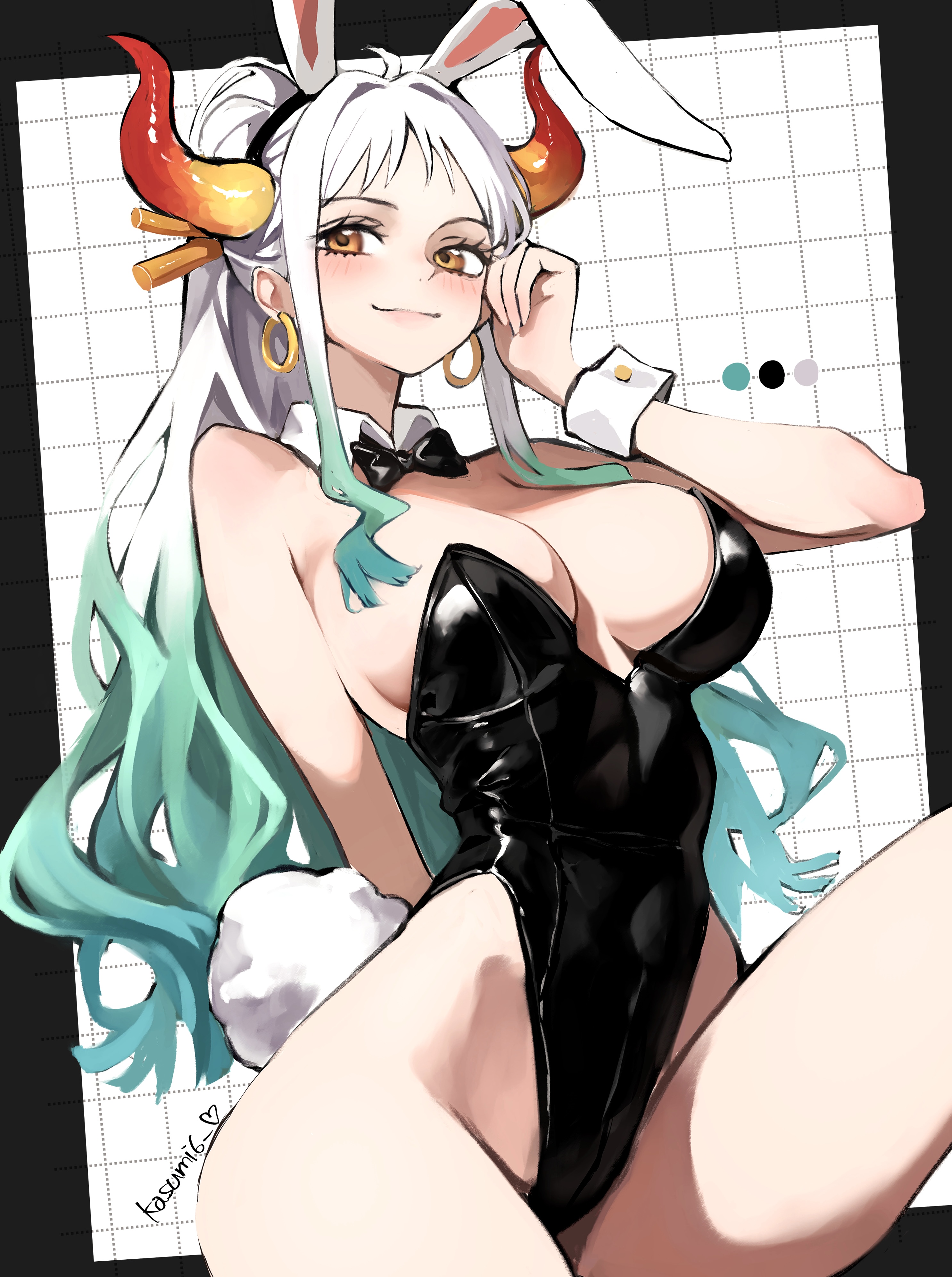 kasumi 6, yamato (one piece), one piece, absurdres, commentary request, highres, 1girl, alternate costume, animal ears, bare shoulders, black background, black bow, black bowtie, black leotard, bow, bowtie, breasts, brown eyes, cleavage, closed mouth, detached collar, earrings, fake animal ears, fake tail, gradient hair, green hair, highleg, highleg leotard, hoop earrings, horns, jewelry, large breasts, leotard, long hair, looking at viewer, multicolored hair, orange horns, playboy bunny, ponytail, rabbit ears, rabbit tail, sitting, smile, solo, tail, thighs, two-tone hair, white background, white hair